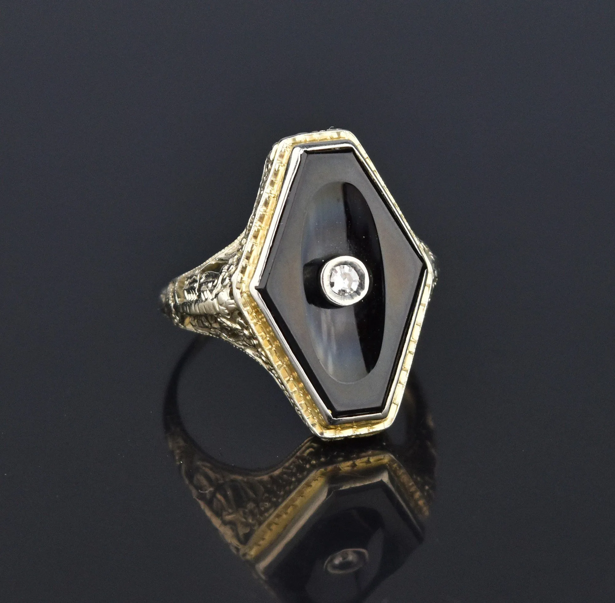 Art Deco 18K White Gold Diamond Black Onyx Ring