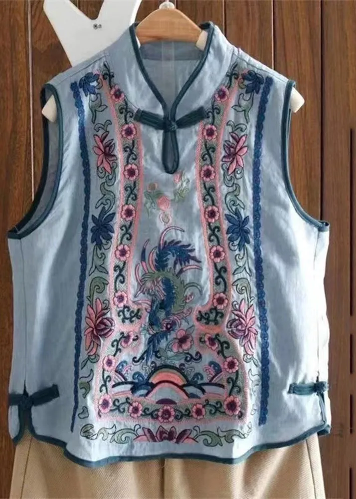 Art Light Blue Stand Collar Embroidered Floral Waistcoat Summer VB1073