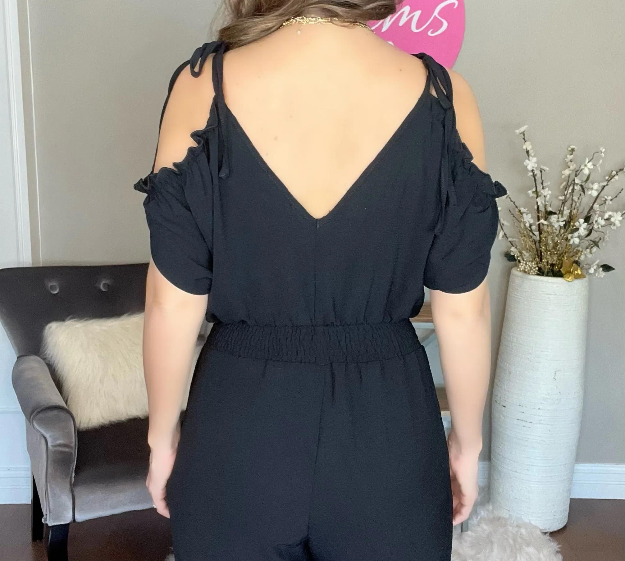 Black Cold Shoulder Wrap Detail Jumpsuit