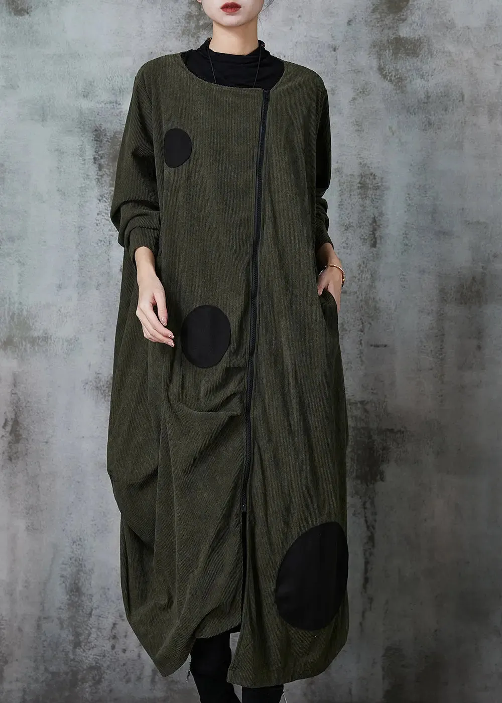 Blackish Green Dot Cotton Trench Coat Asymmetrical Spring JK1051