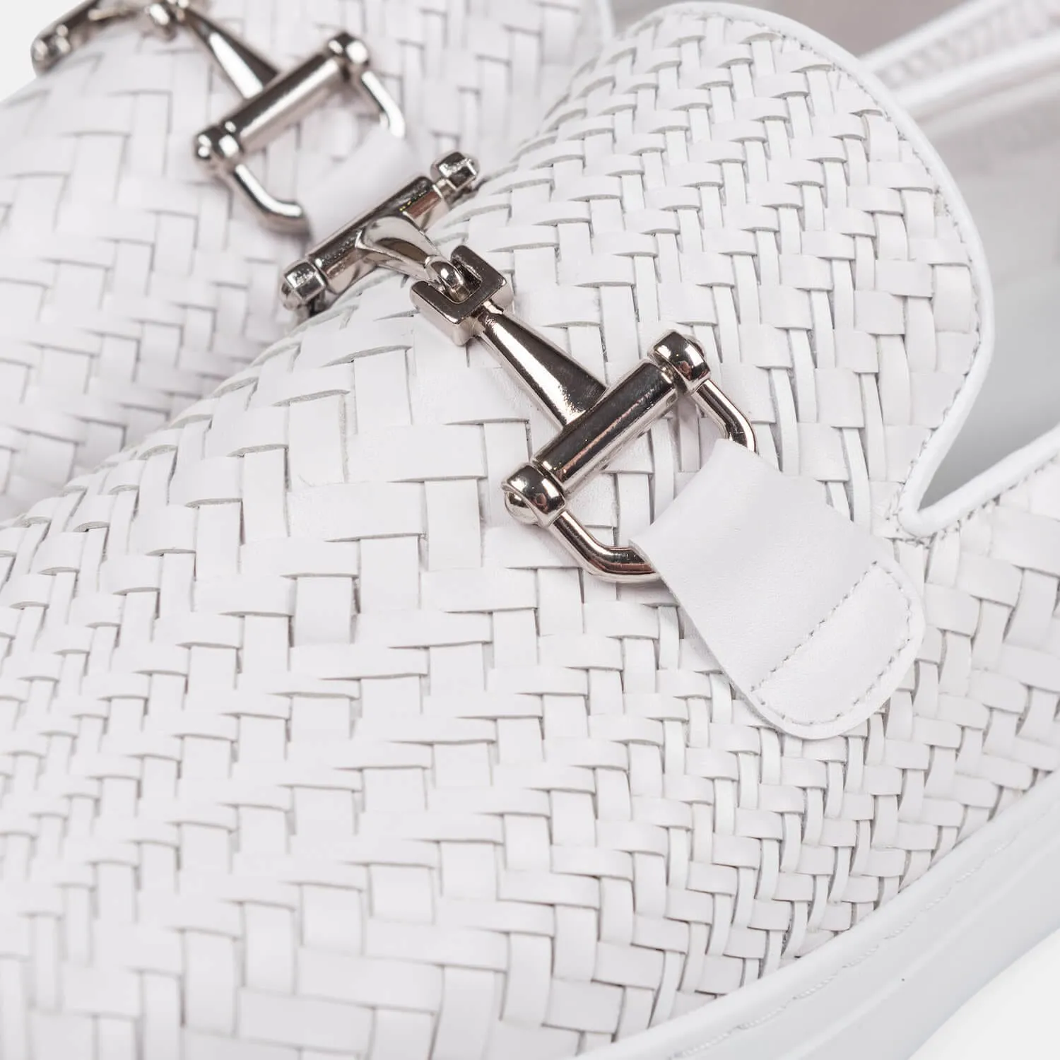 Boardwalk White Woven Leather Horse-Bit Sneakers