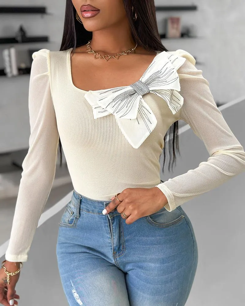 Bowknot Decor Long Sleeve Top