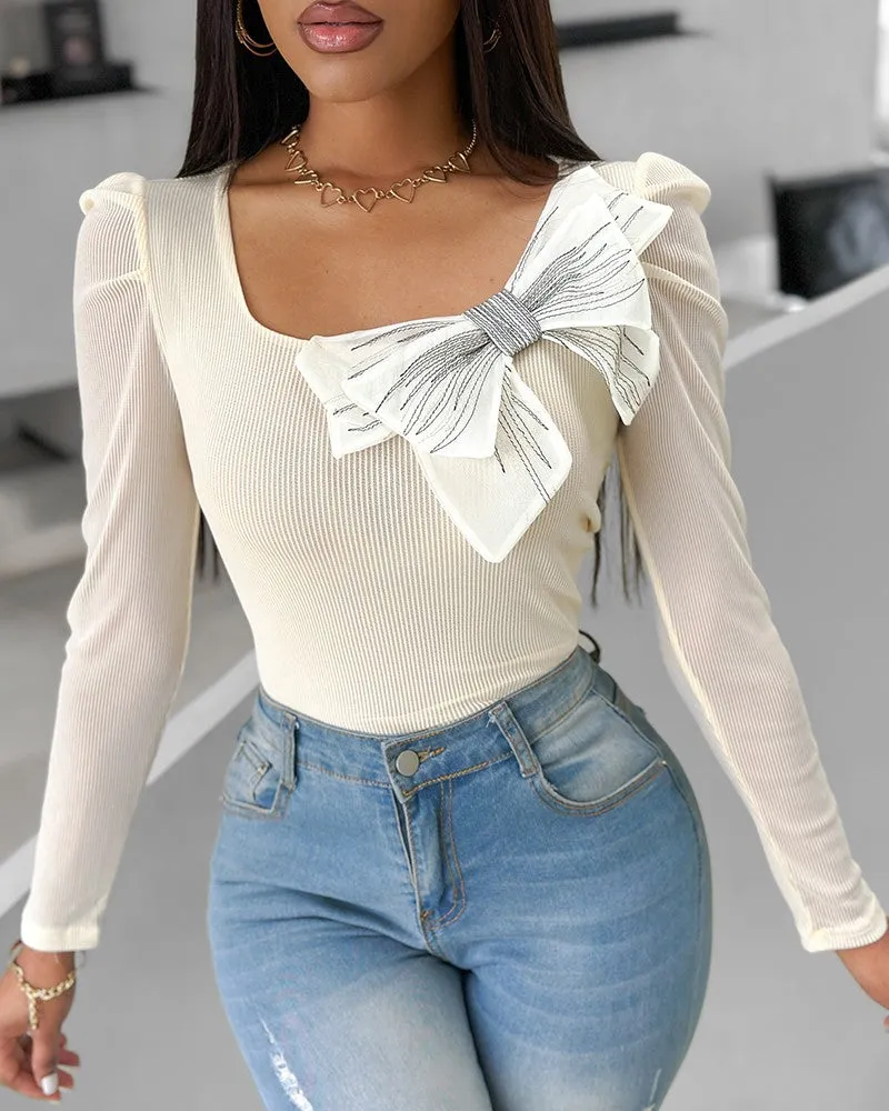 Bowknot Decor Long Sleeve Top