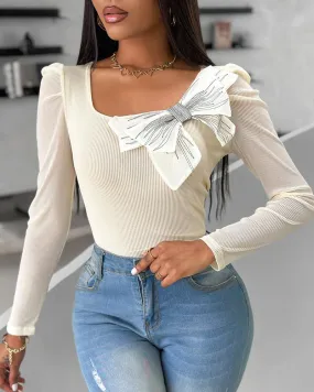 Bowknot Decor Long Sleeve Top