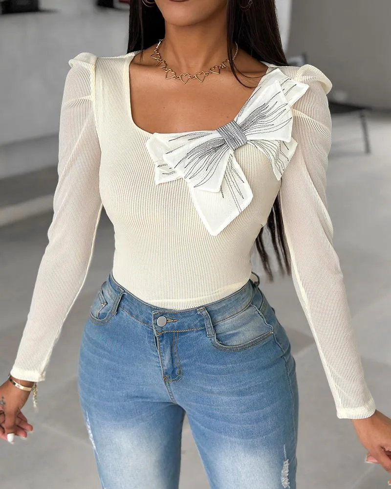 Bowknot Decor Long Sleeve Top