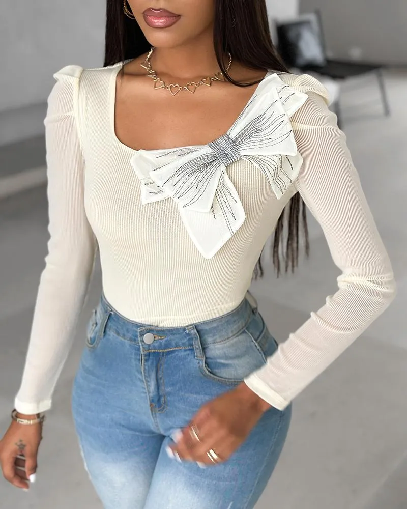 Bowknot Decor Long Sleeve Top