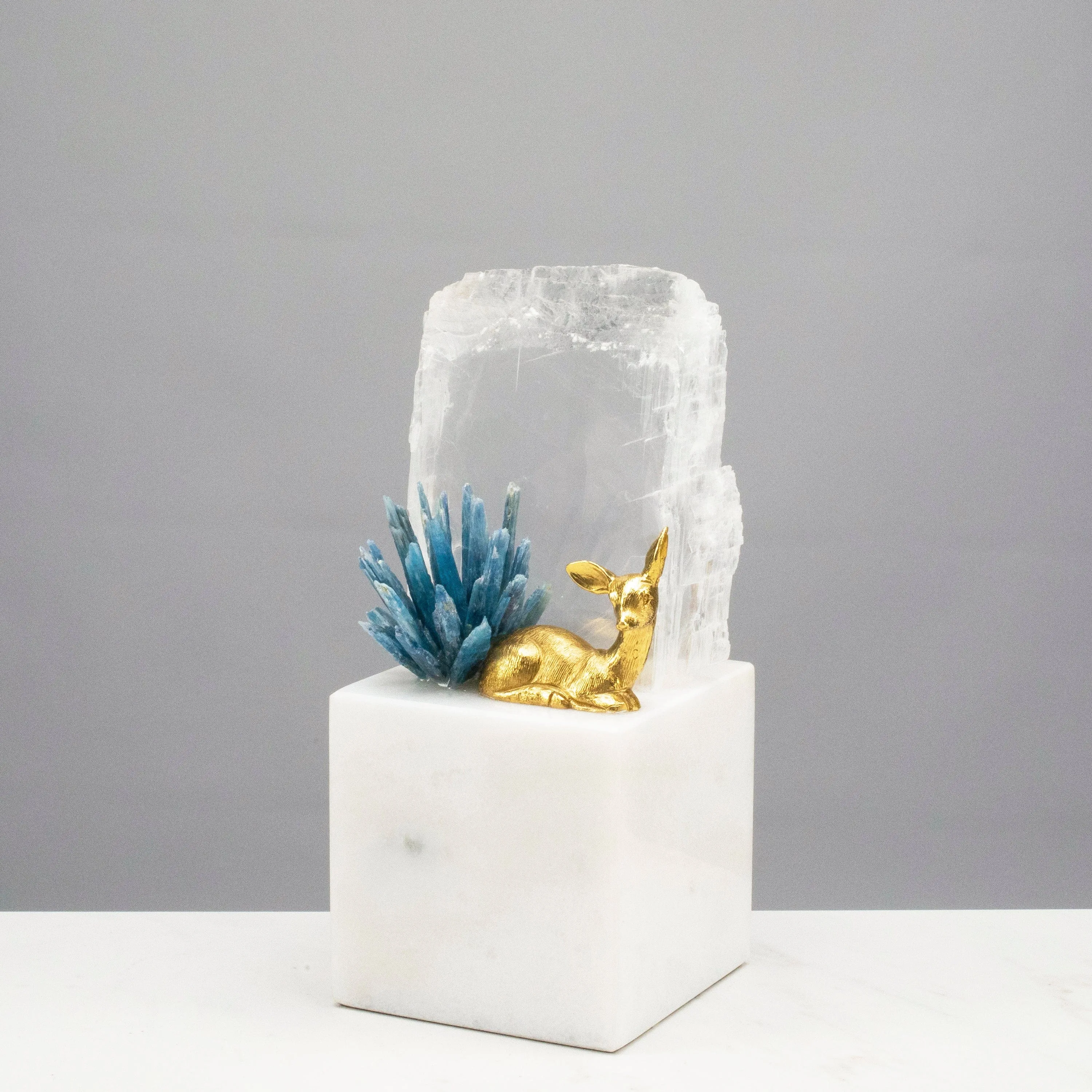 Brass Deer on Marble Base with Calcite and Kyanite