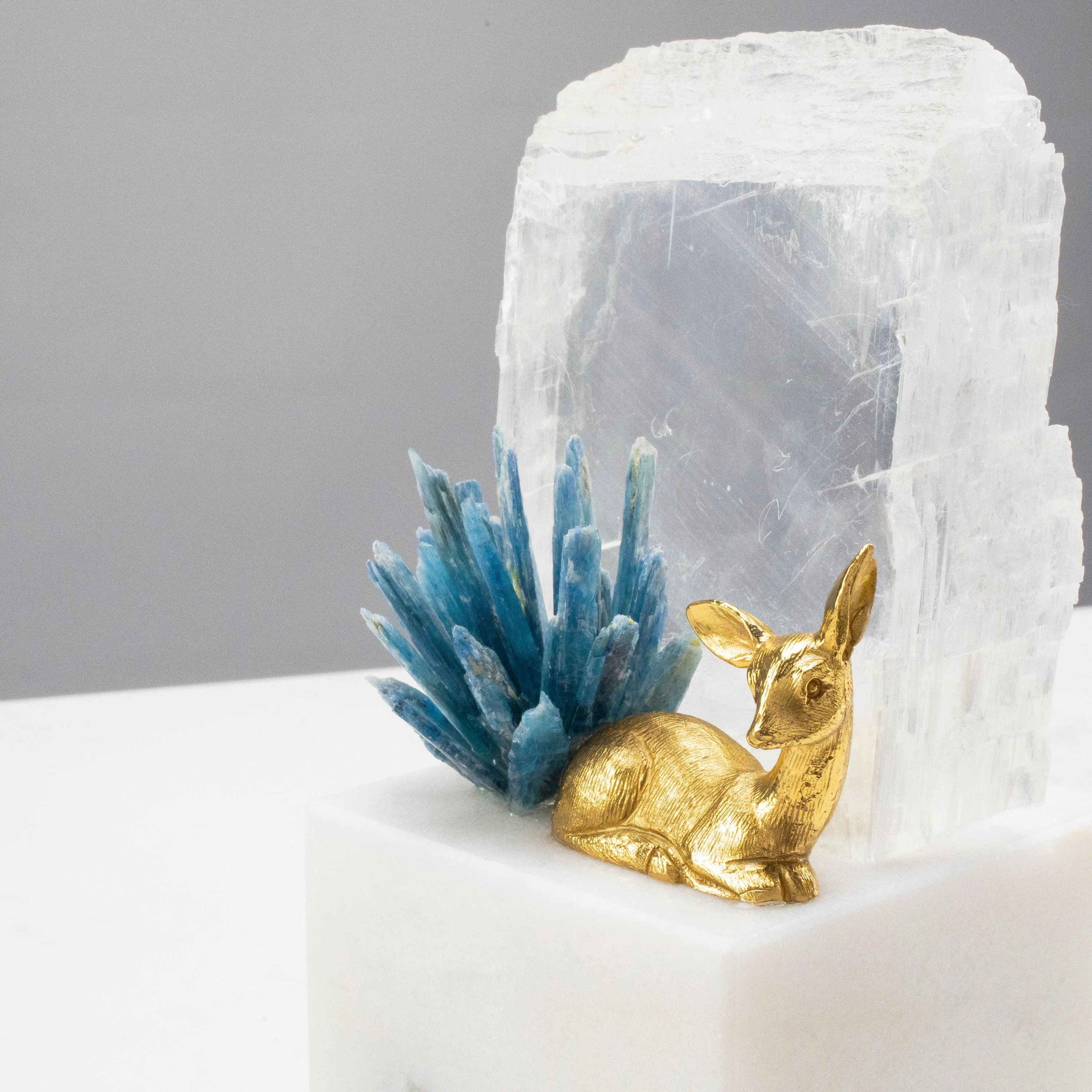 Brass Deer on Marble Base with Calcite and Kyanite