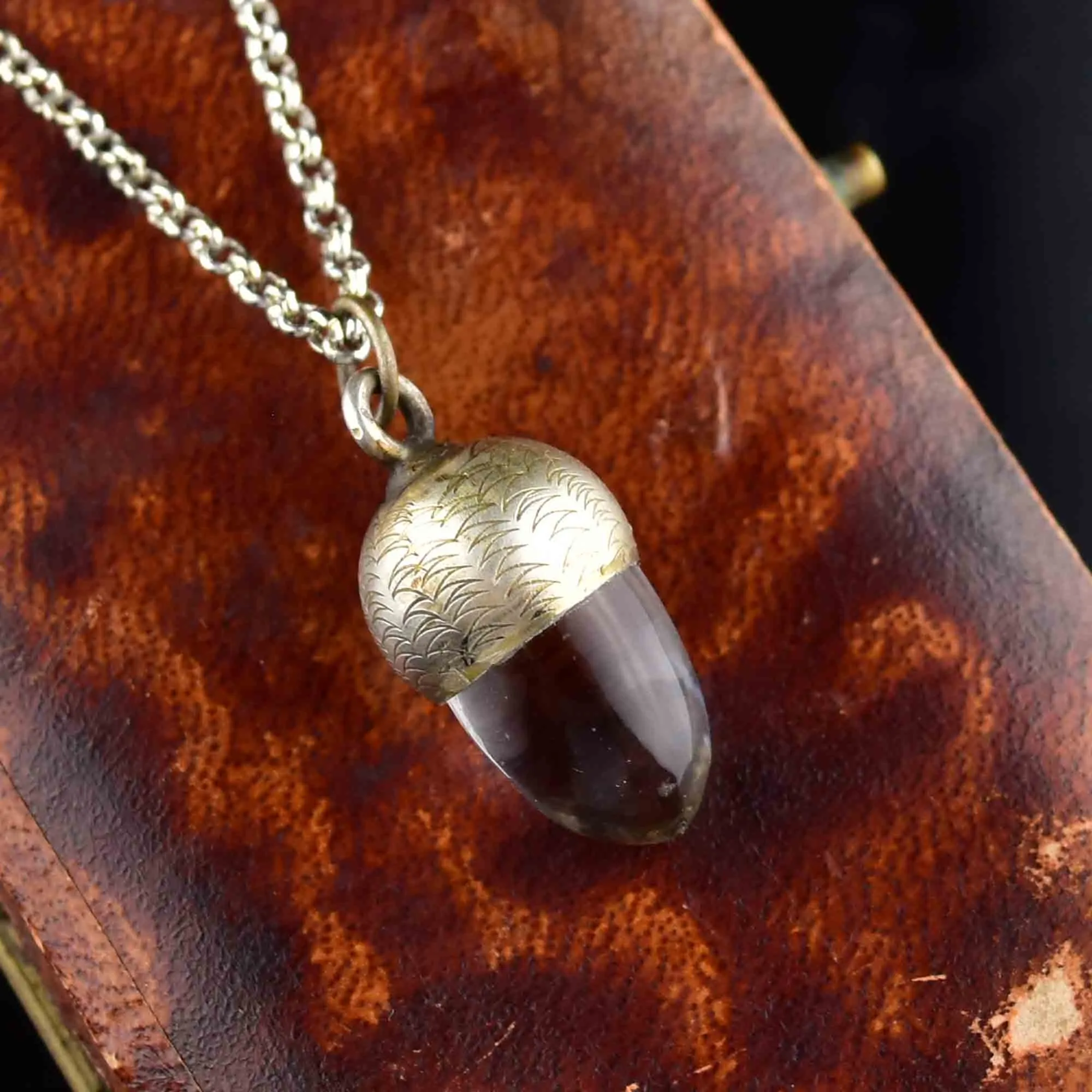 Carved Silver Rock Crystal Acorn Charm Pendant Necklace