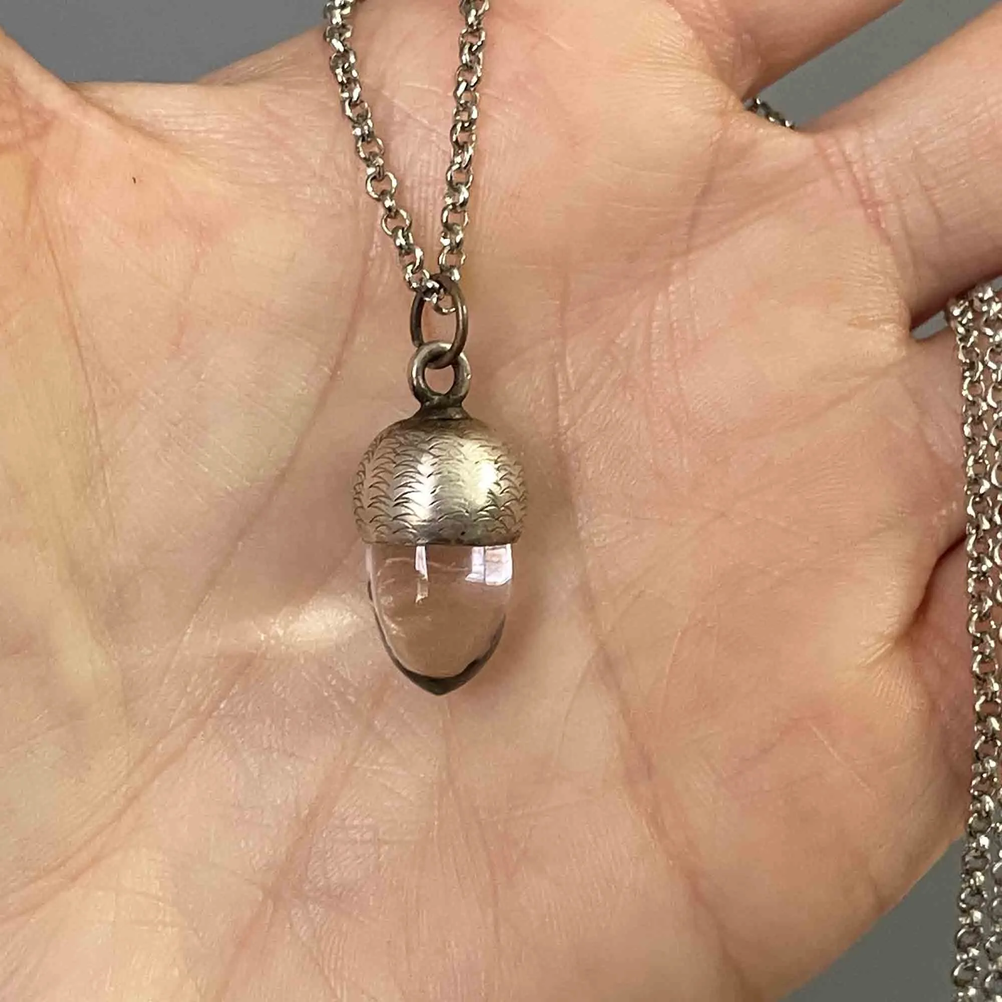 Carved Silver Rock Crystal Acorn Charm Pendant Necklace