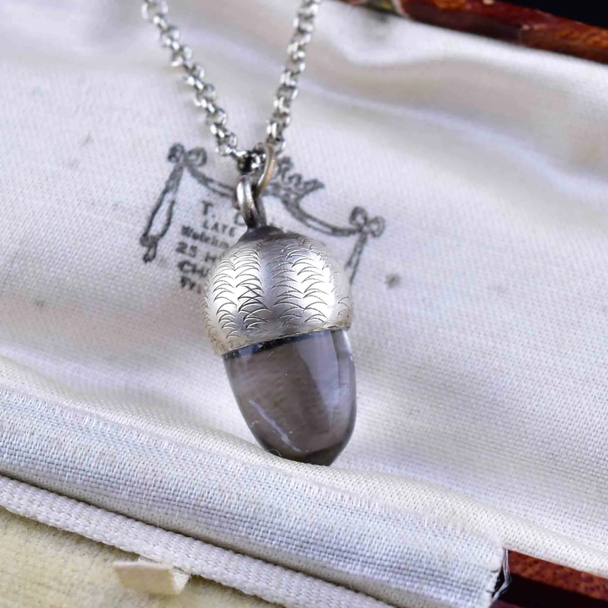 Carved Silver Rock Crystal Acorn Charm Pendant Necklace