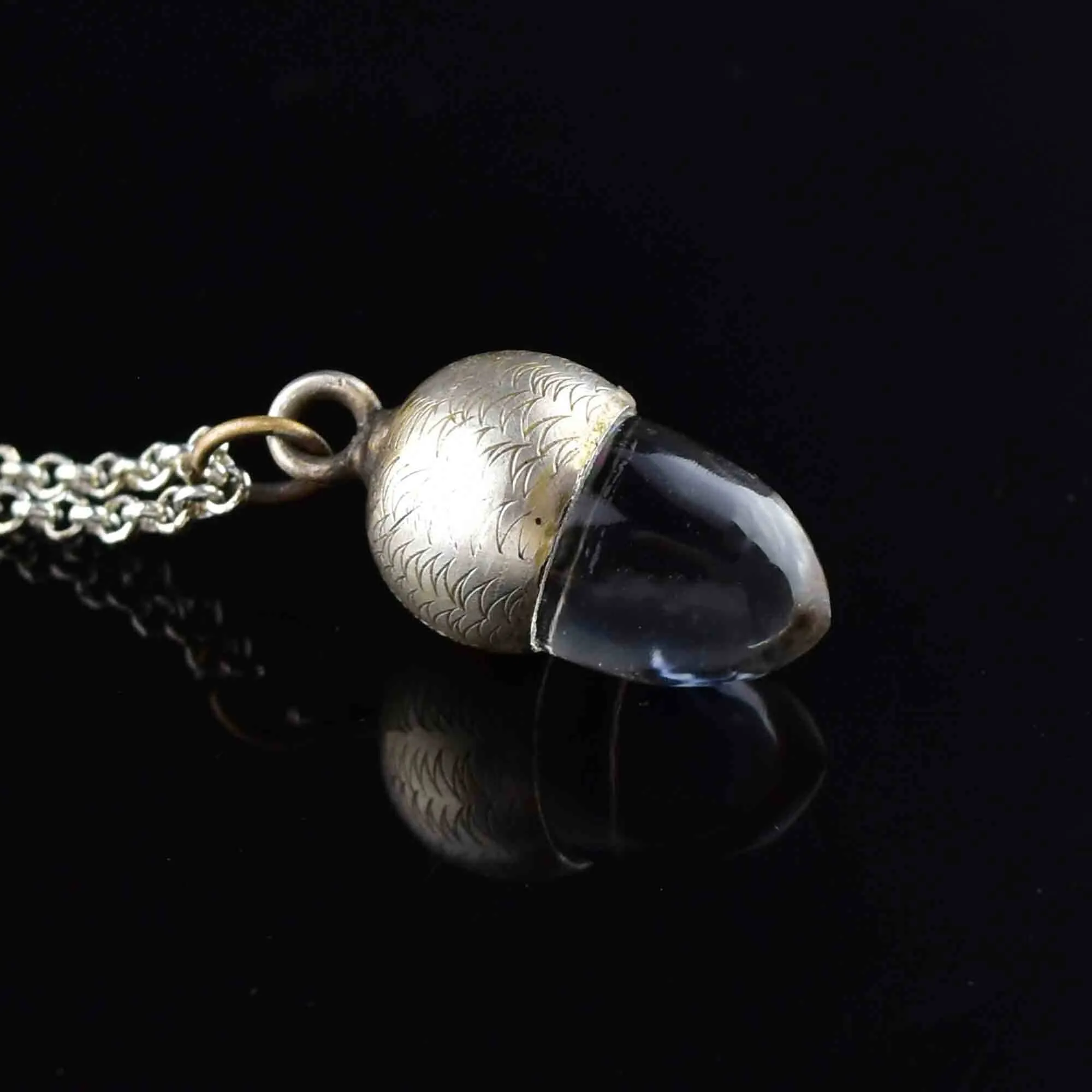 Carved Silver Rock Crystal Acorn Charm Pendant Necklace