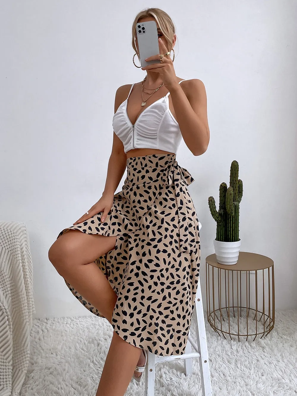 Casual Print Tie Side Wrap Skirt