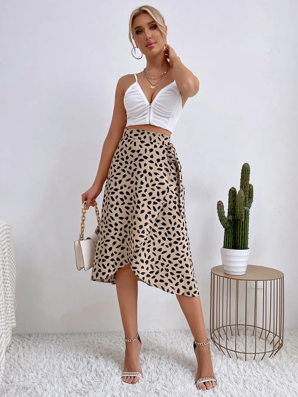 Casual Print Tie Side Wrap Skirt