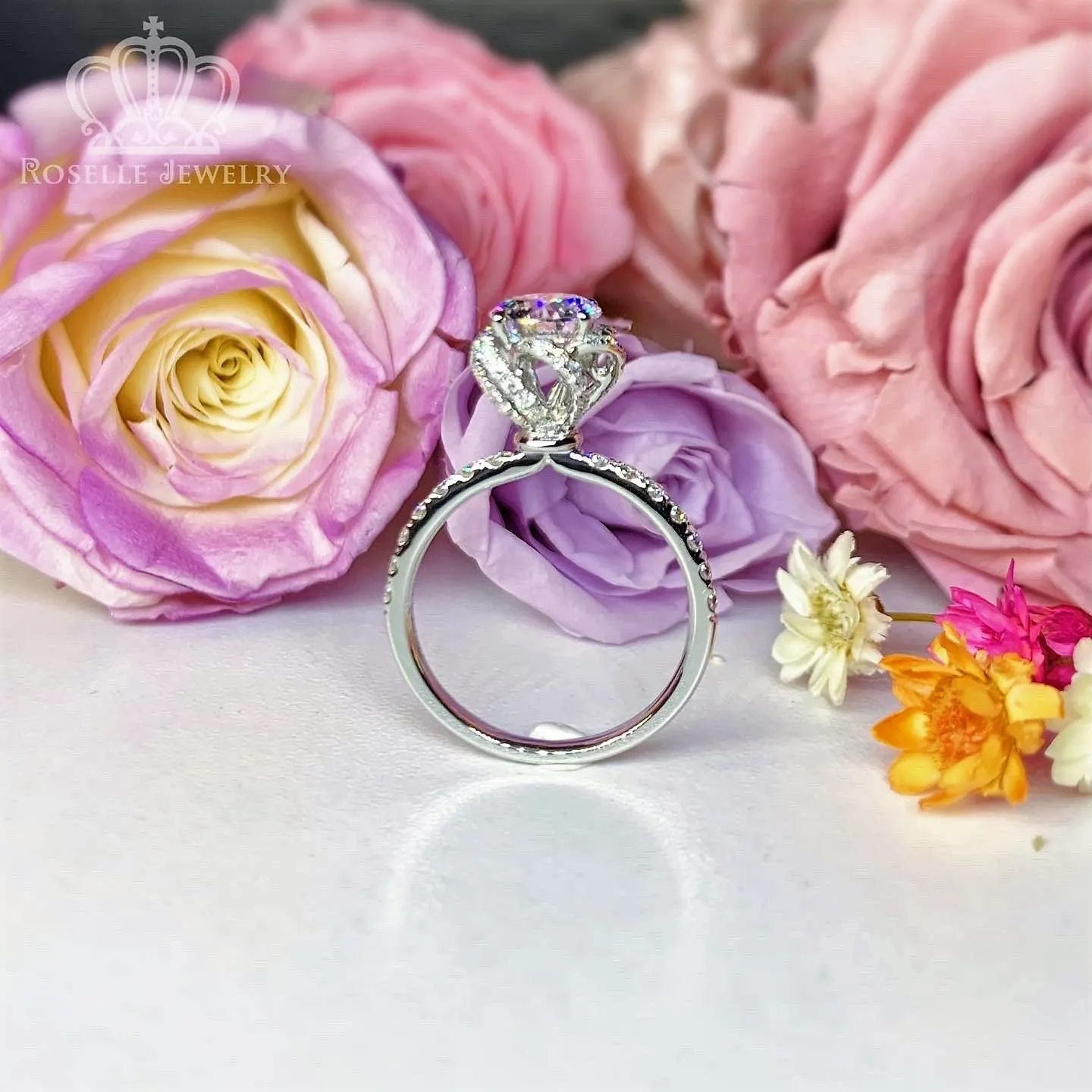 Custom Floral Halo Side Stone Diamond Ring [Setting Only] - EC096