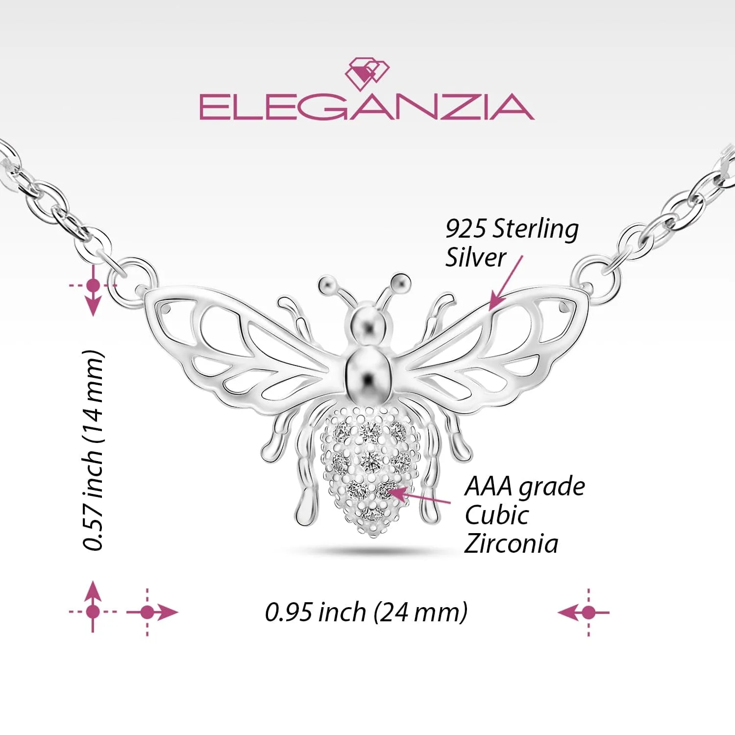 CZ Queen Honey Bee Necklace Sterling Silver