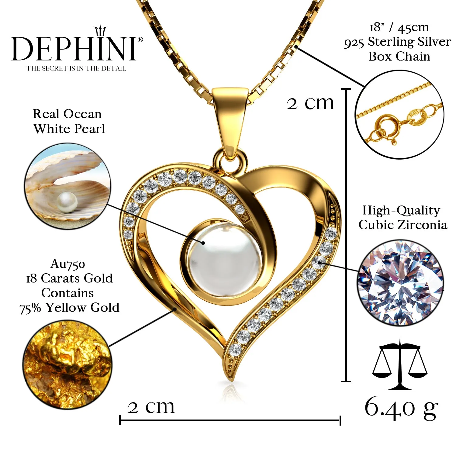 DEPHINI Gold Pearl Necklace 18ct Yellow Cubic Zirconia Crystal Pendant