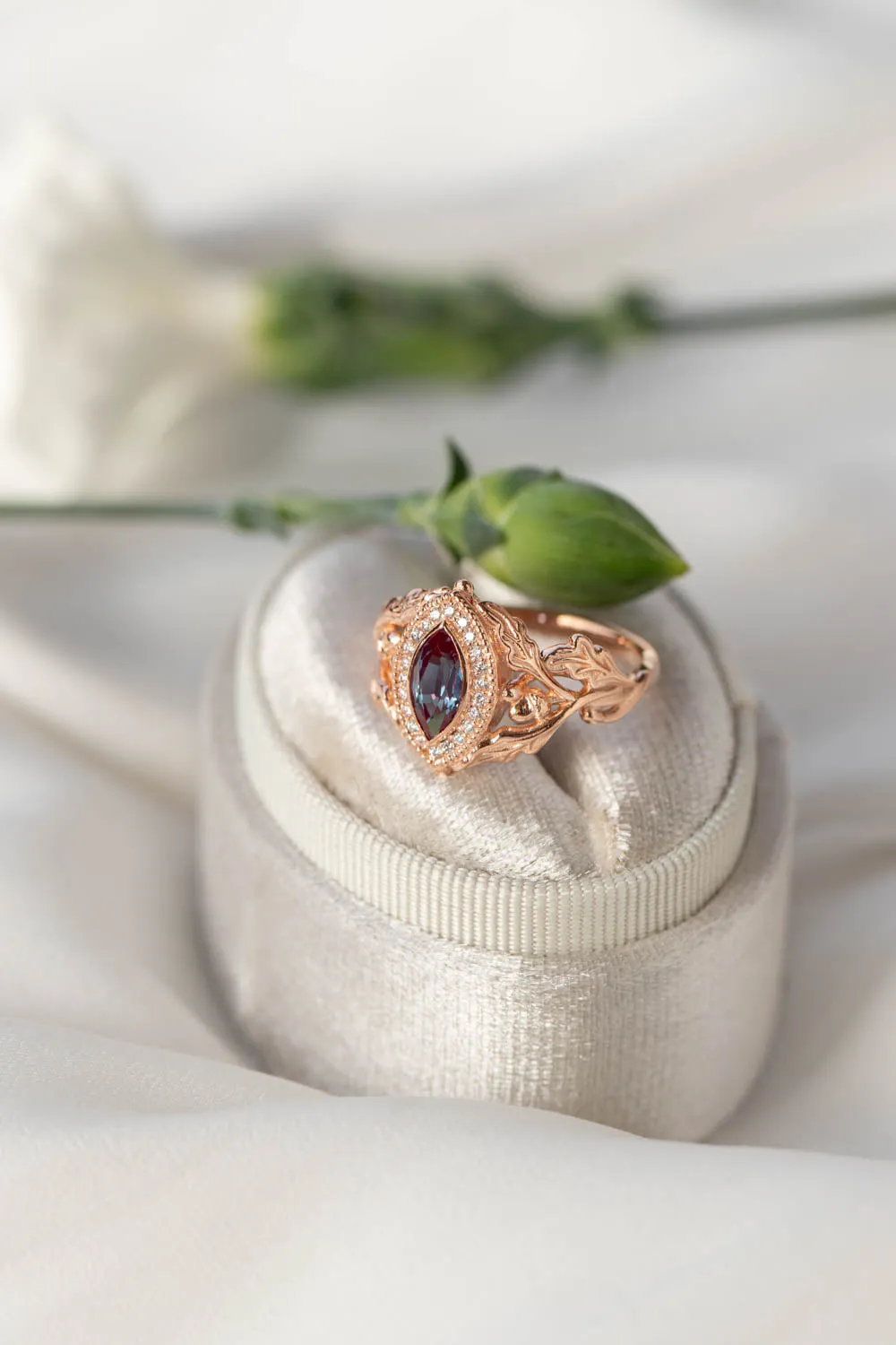 Diamond halo and marquise alexandrite engagement ring, rose gold oak leaf engagement ring / Dair