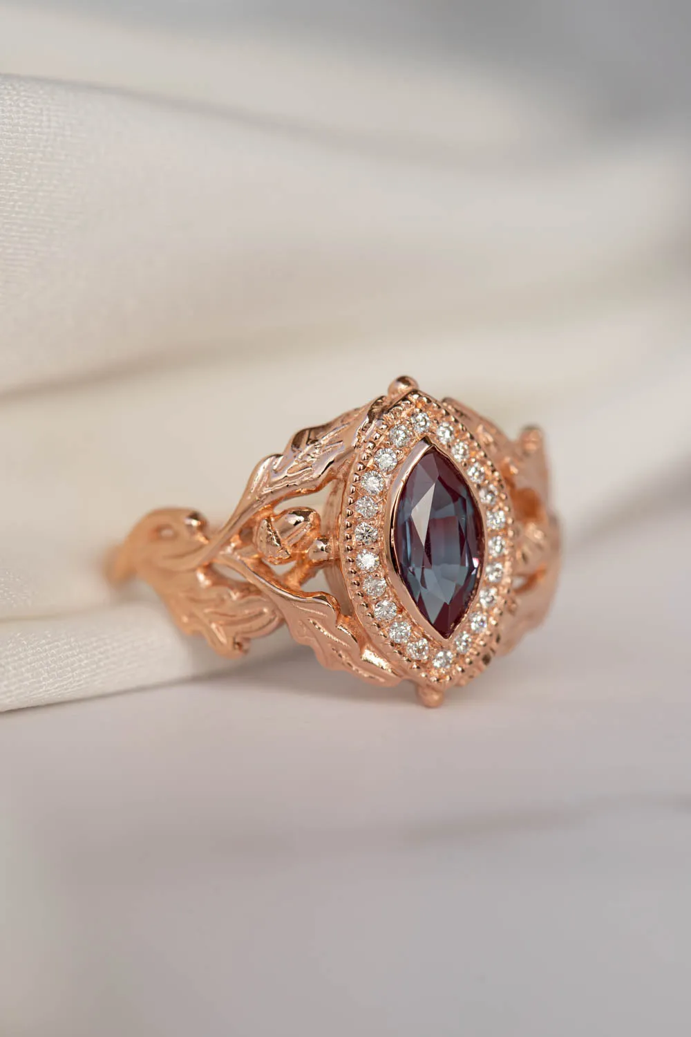 Diamond halo and marquise alexandrite engagement ring, rose gold oak leaf engagement ring / Dair