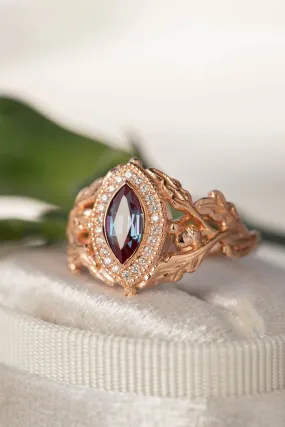 Diamond halo and marquise alexandrite engagement ring, rose gold oak leaf engagement ring / Dair