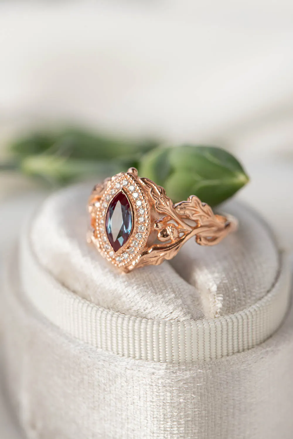 Diamond halo and marquise alexandrite engagement ring, rose gold oak leaf engagement ring / Dair