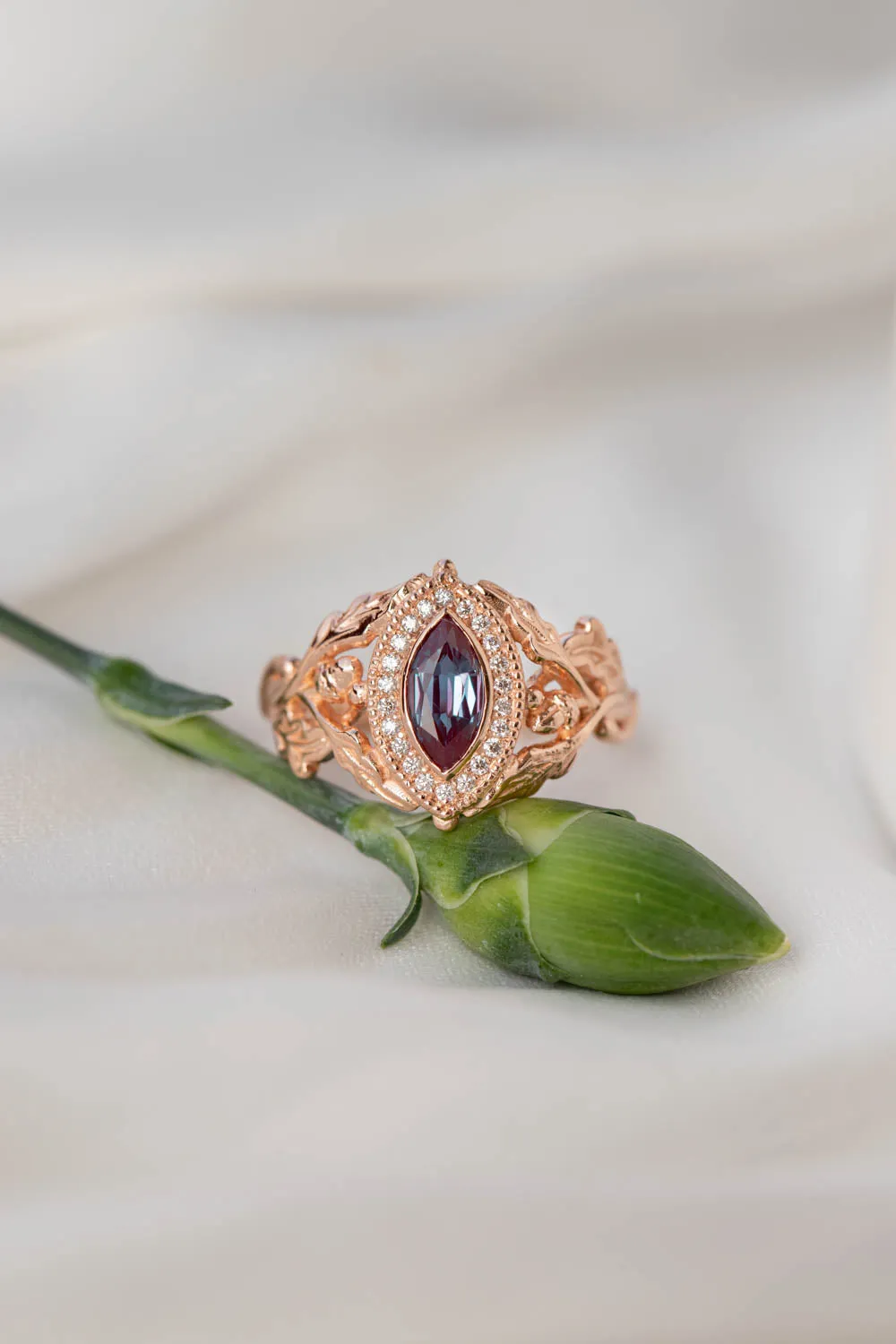 Diamond halo and marquise alexandrite engagement ring, rose gold oak leaf engagement ring / Dair