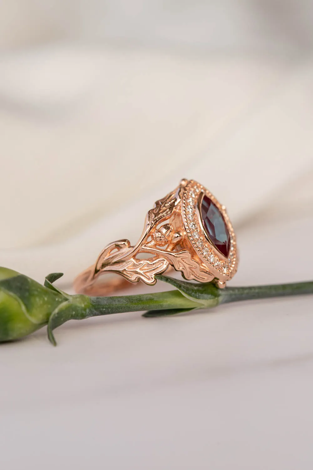 Diamond halo and marquise alexandrite engagement ring, rose gold oak leaf engagement ring / Dair