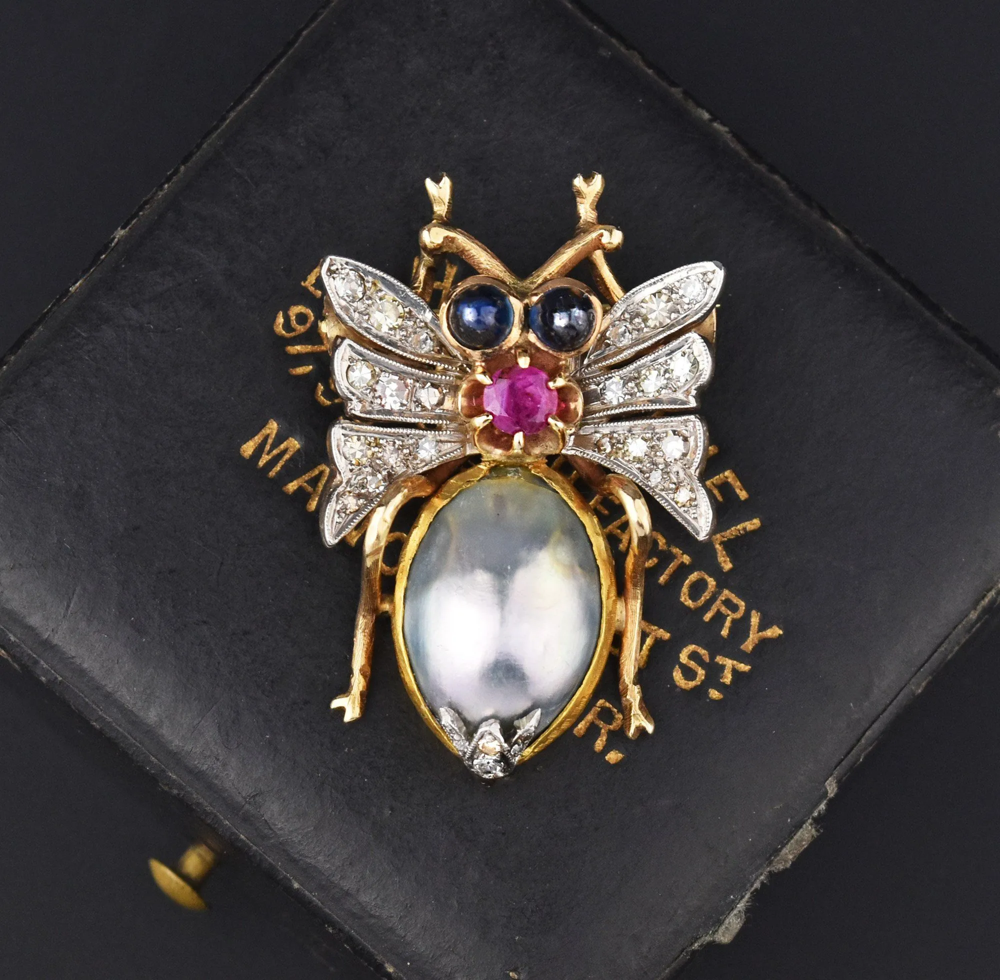 Diamond Sapphire Ruby Mabe Pearl Insect Brooch, 14K Gold