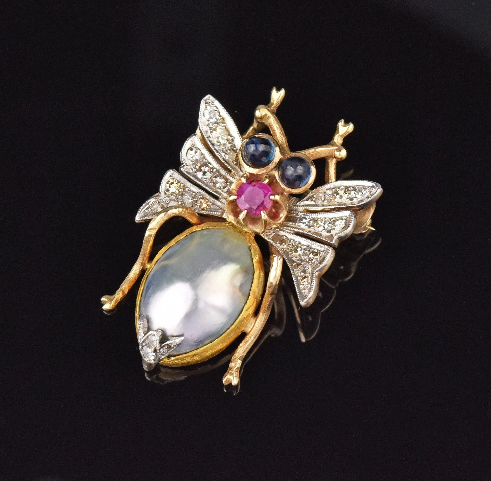 Diamond Sapphire Ruby Mabe Pearl Insect Brooch, 14K Gold