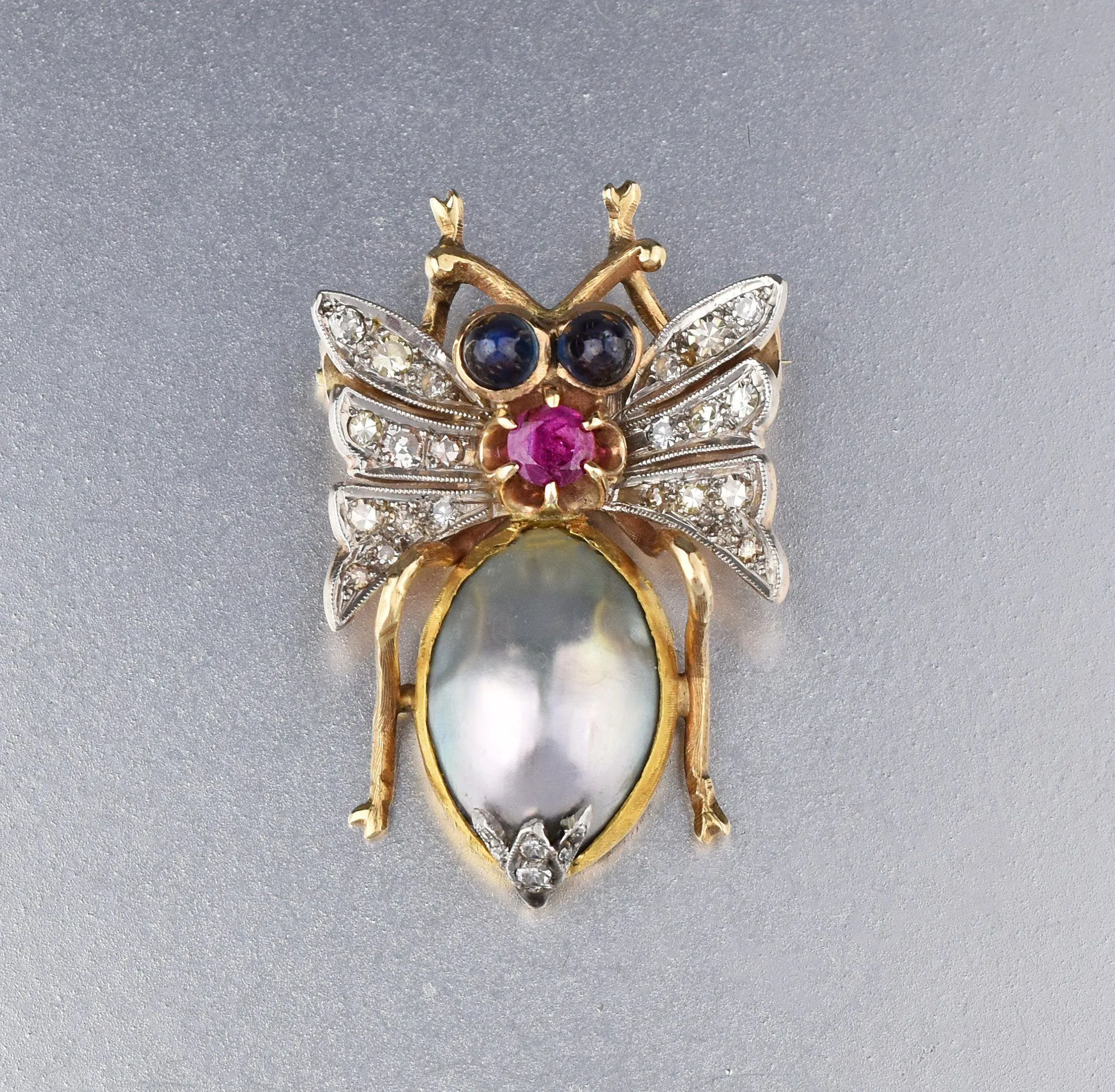 Diamond Sapphire Ruby Mabe Pearl Insect Brooch, 14K Gold