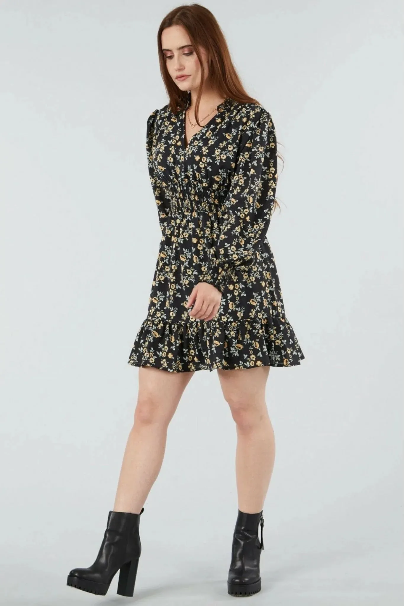 Double Second Black Printed Shirring Waist Dress