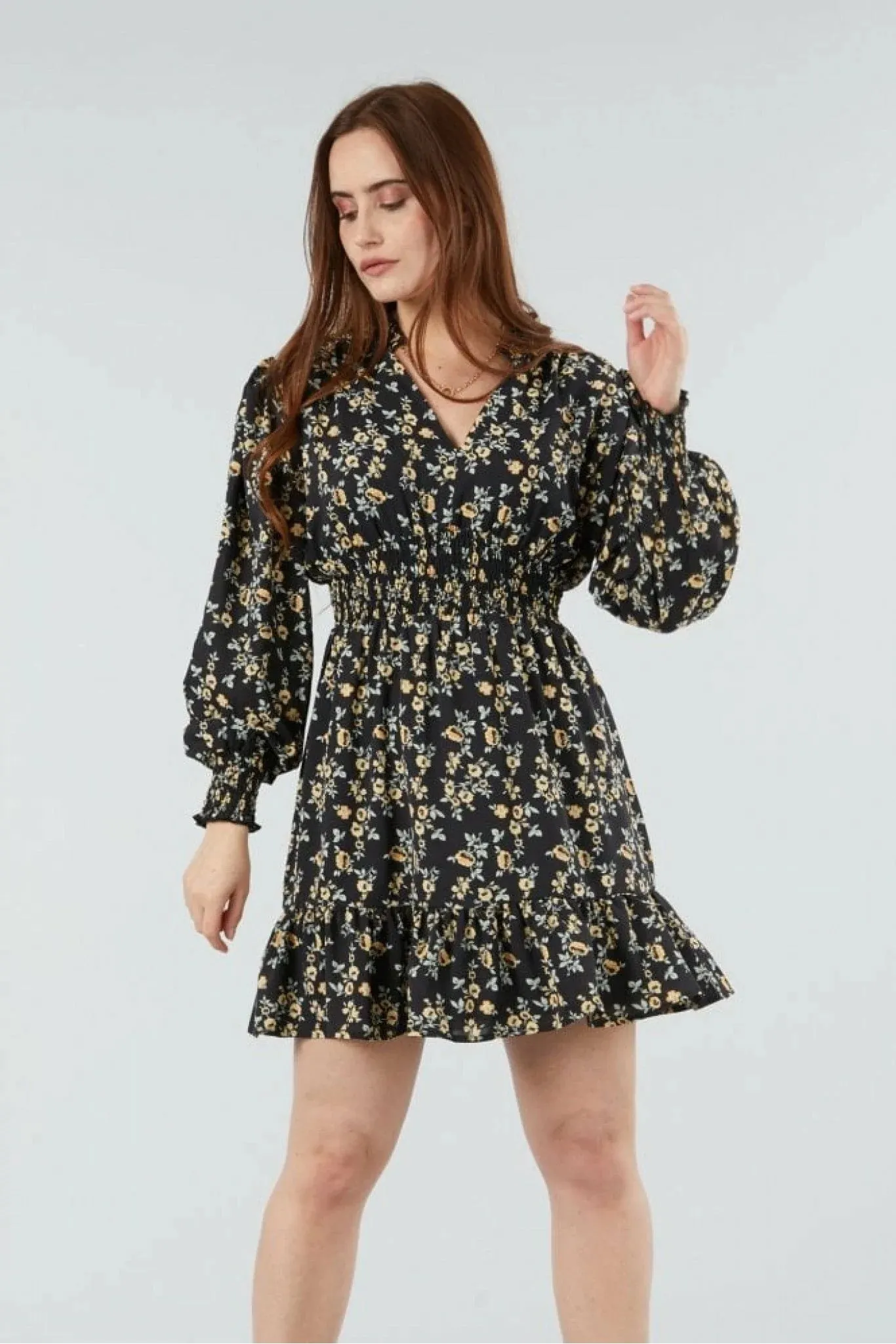 Double Second Black Printed Shirring Waist Dress