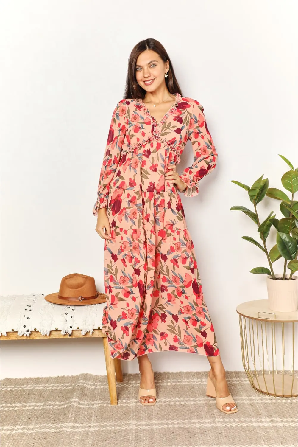 Double Take Floral Frill Trim Flounce Sleeve Plunge Maxi Dress