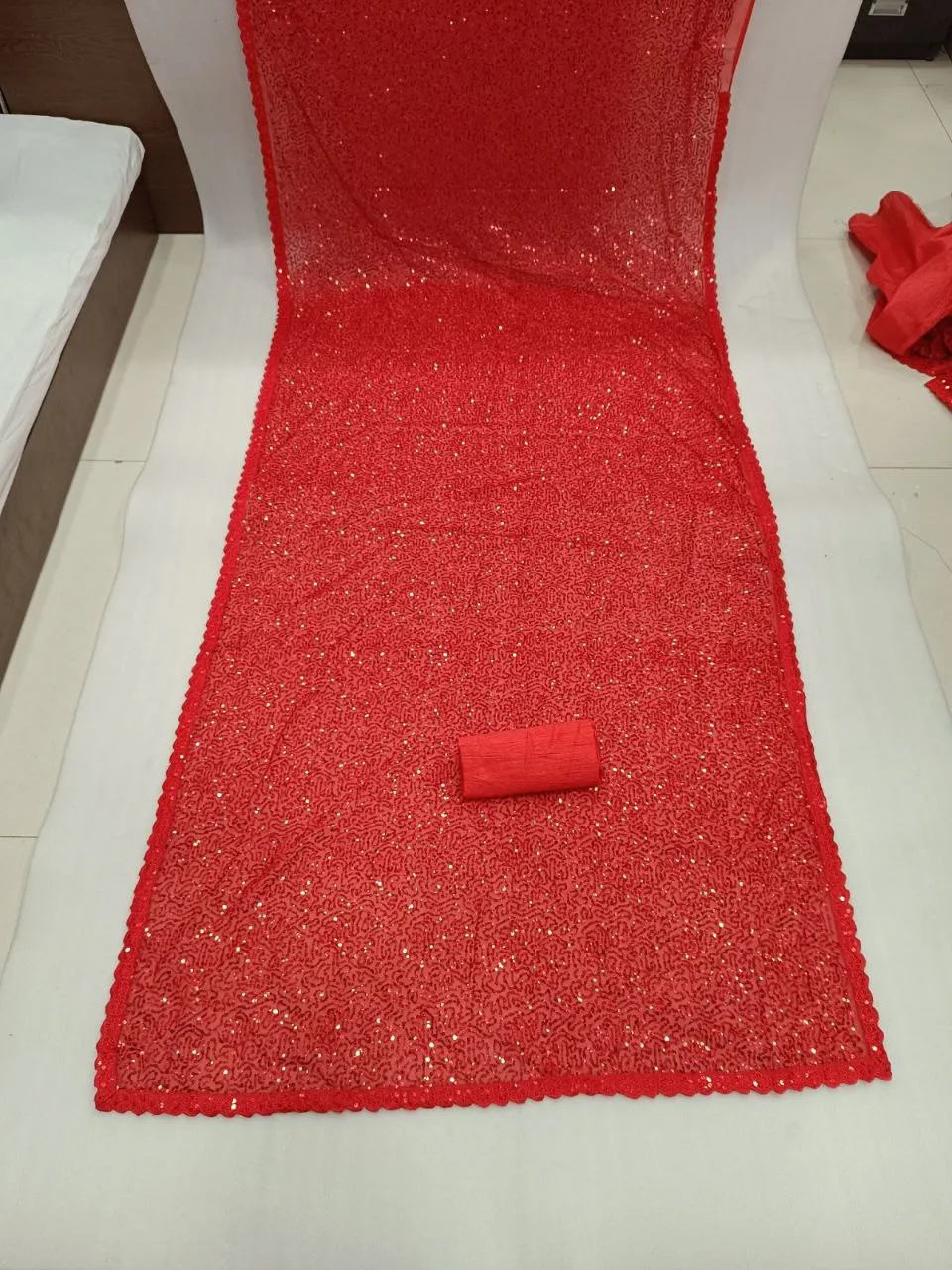 Embroidery Party Wear Women Red Sequin Saree