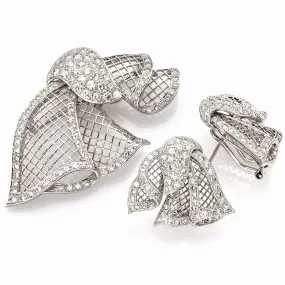 Estate 18K White Gold Diamond Filigree Ribbon Pin Brooch Earring Set