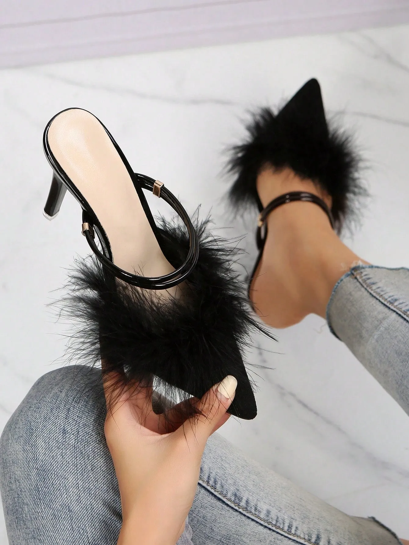 Faux Fur Ankle Strap Stiletto Heeled Mule