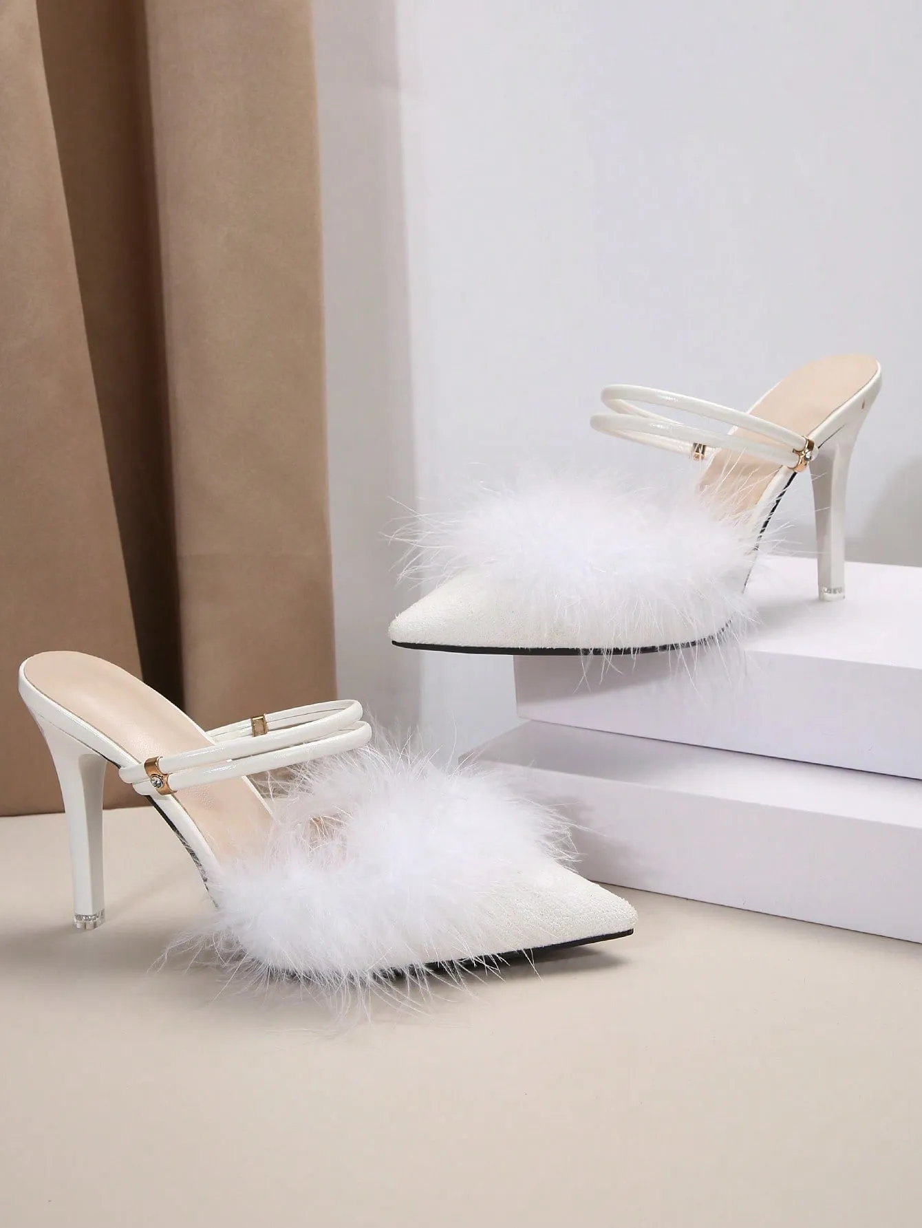 Faux Fur Ankle Strap Stiletto Heeled Mule