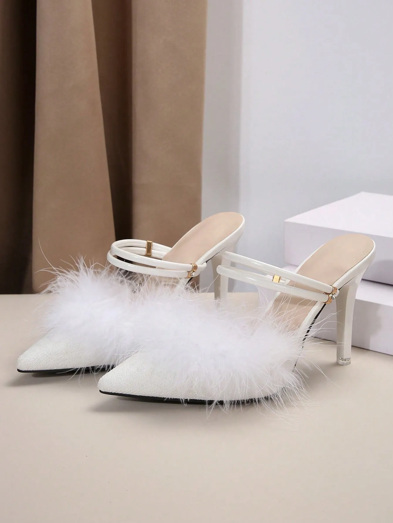 Faux Fur Ankle Strap Stiletto Heeled Mule