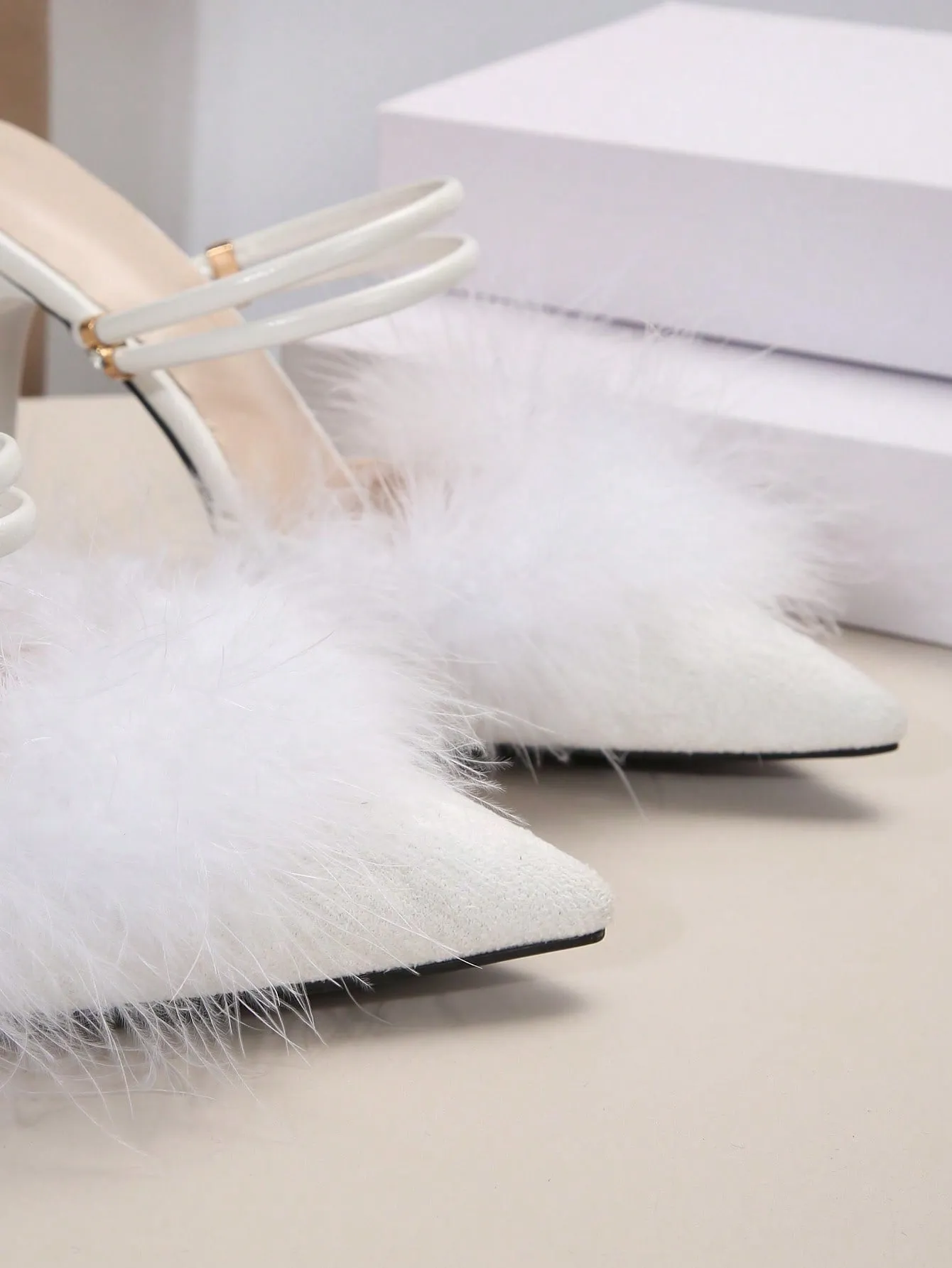 Faux Fur Ankle Strap Stiletto Heeled Mule