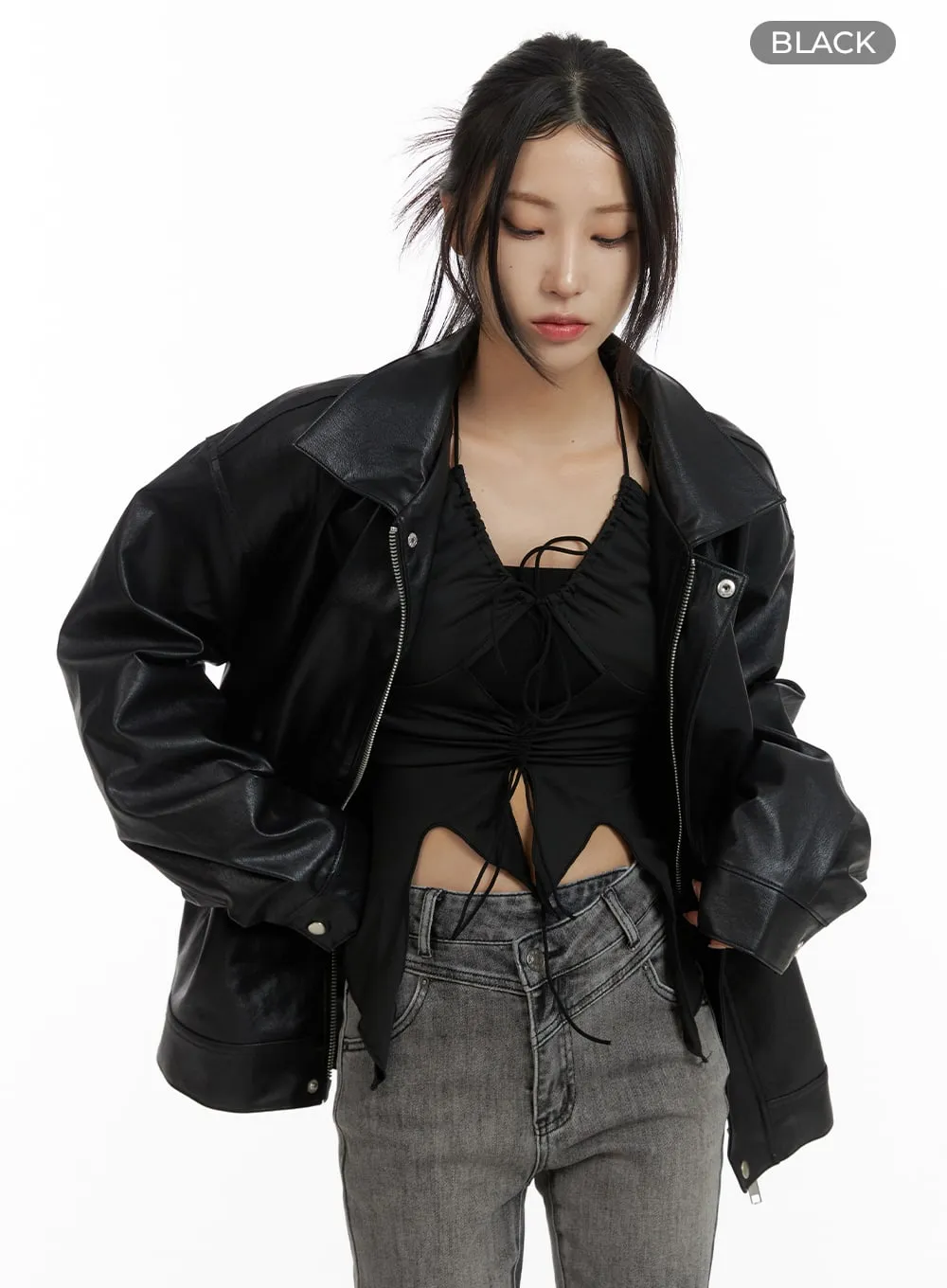 Faux Leather Zip-Up Jacket (UNISEX) CF428