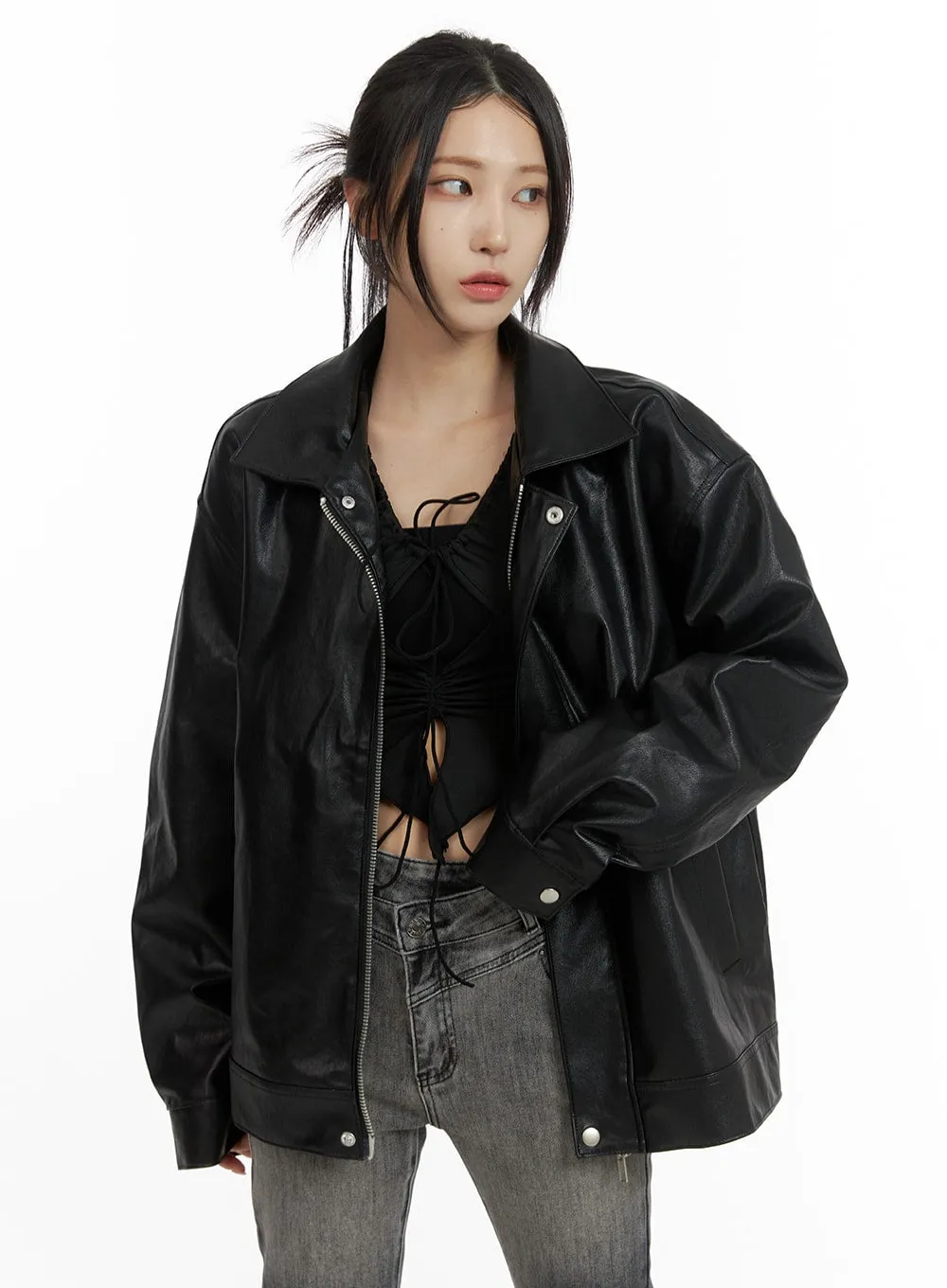 Faux Leather Zip-Up Jacket (UNISEX) CF428