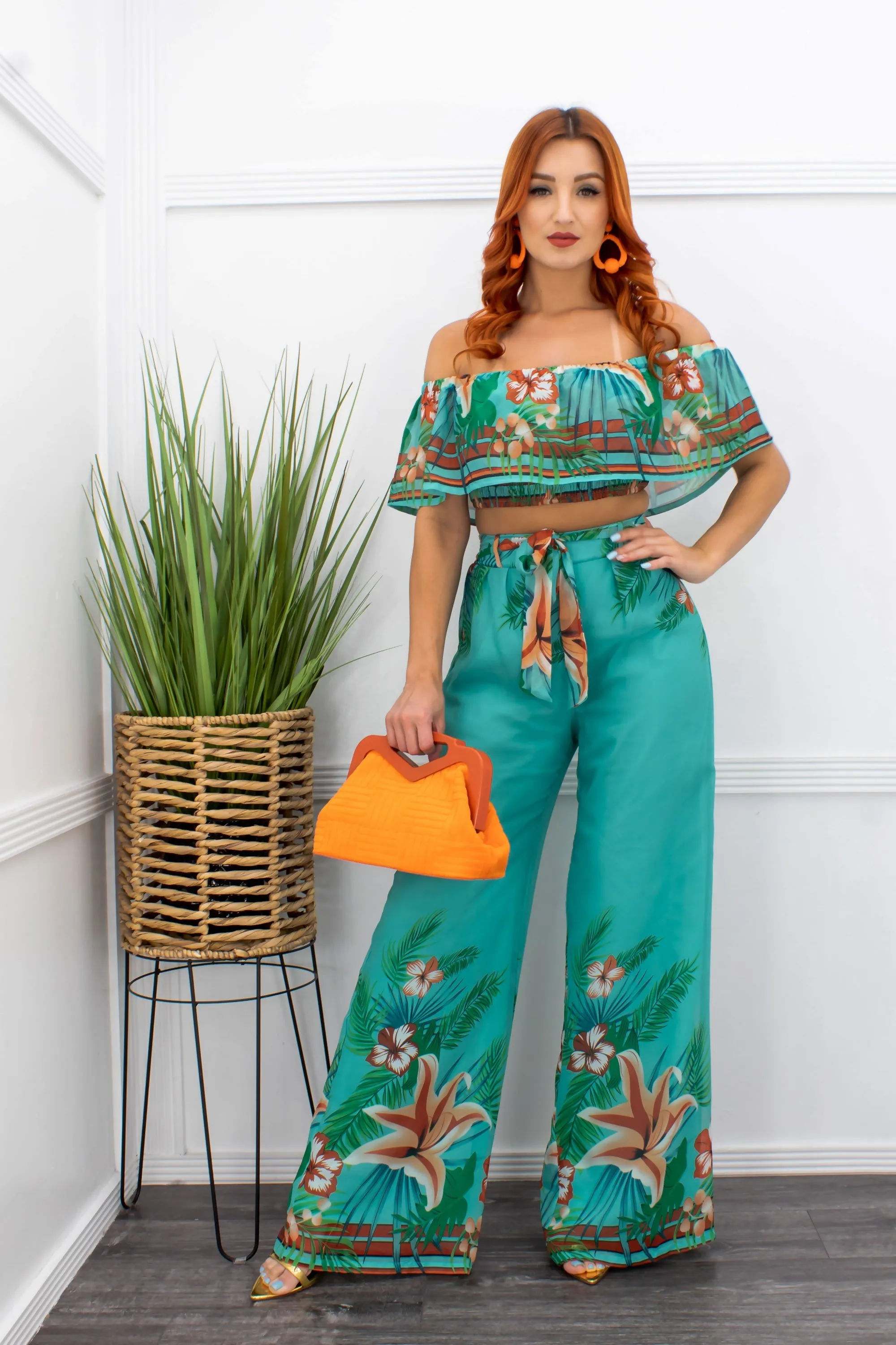 Floral Off Shoulder Crop Top Wide Leg Pant Set