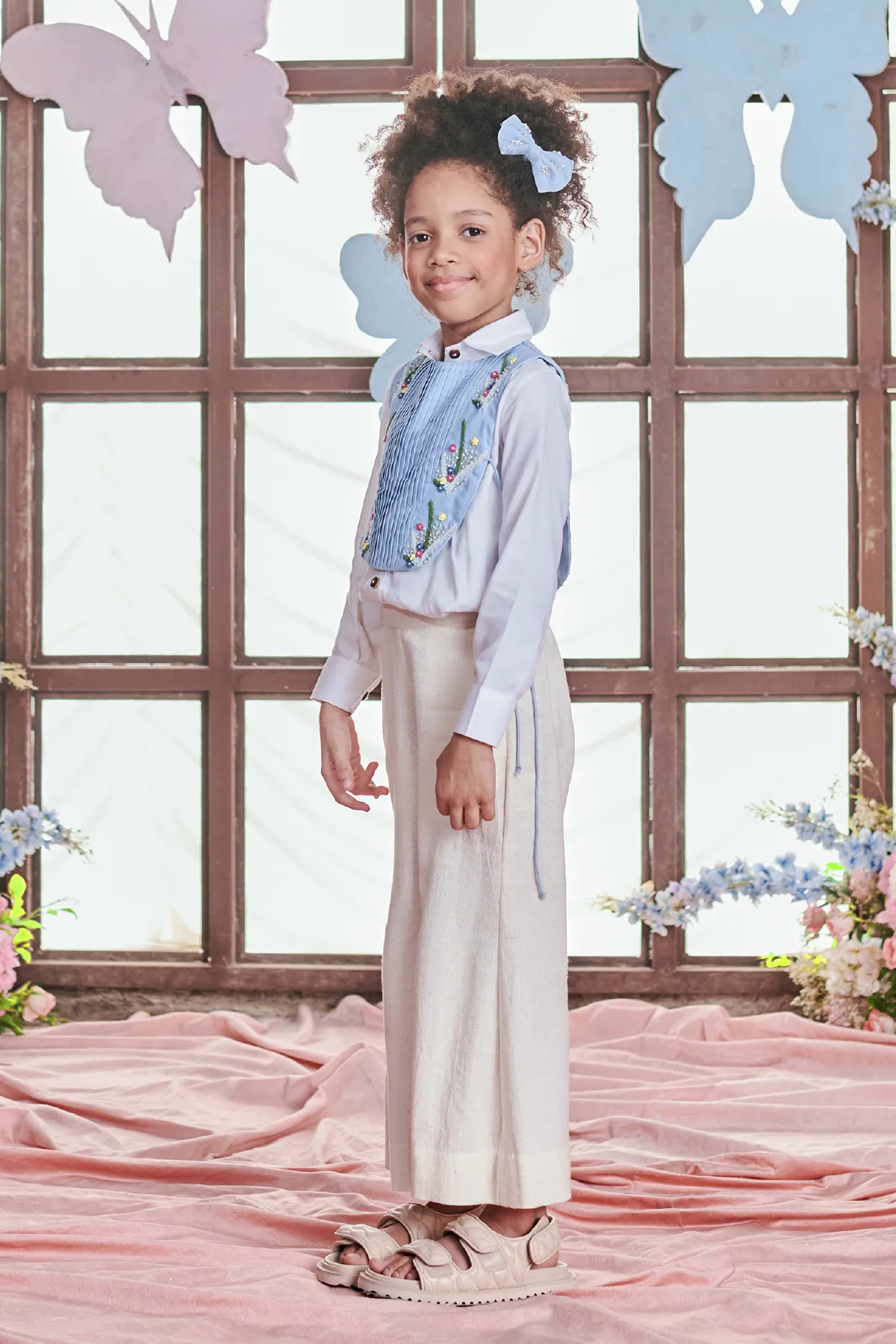 Gaia- Thread Embroidered Bib With Bell Bottom Pants And Shirt- Set Of 3