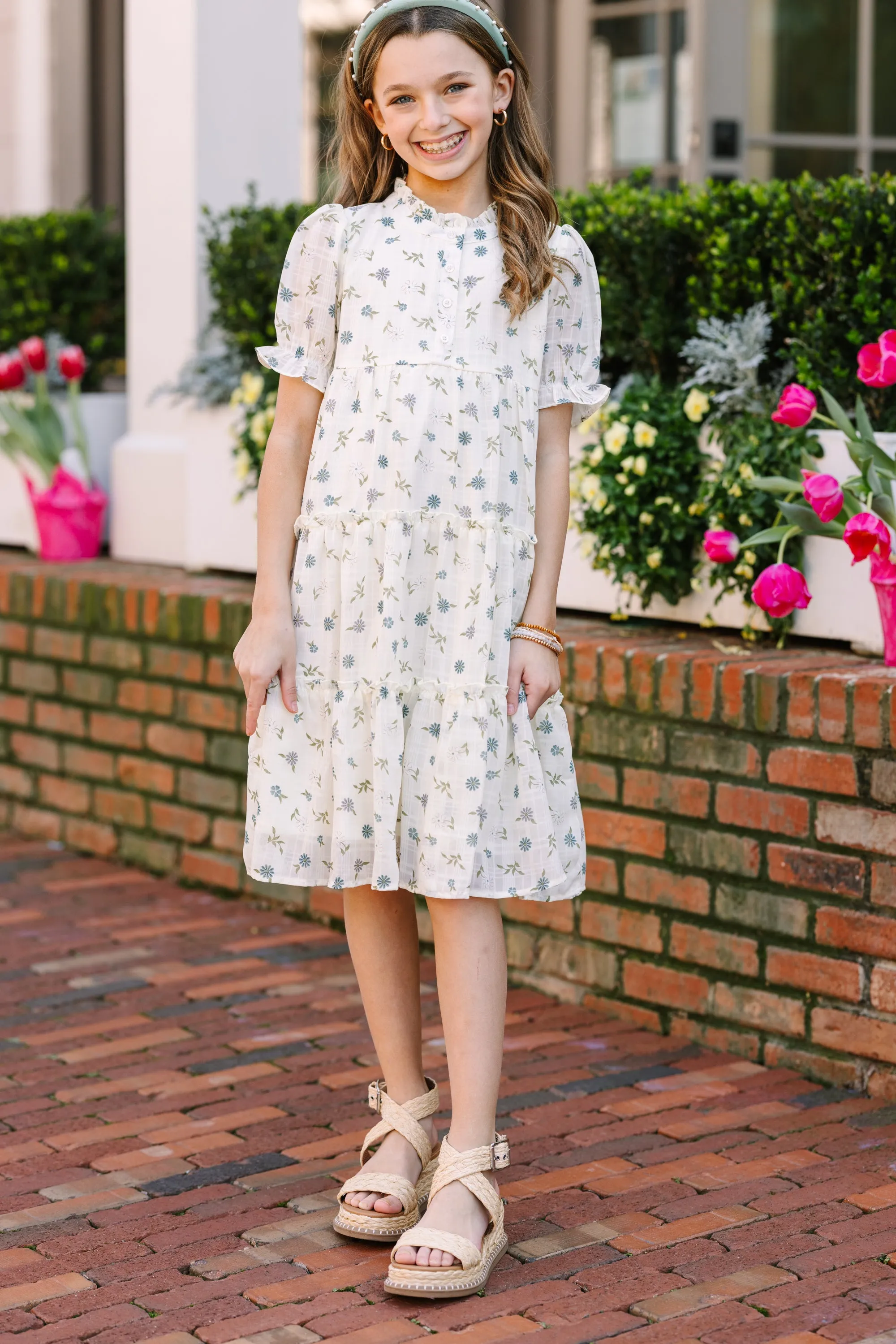 Girls: Get Started Cream White Ditsy Floral Dress