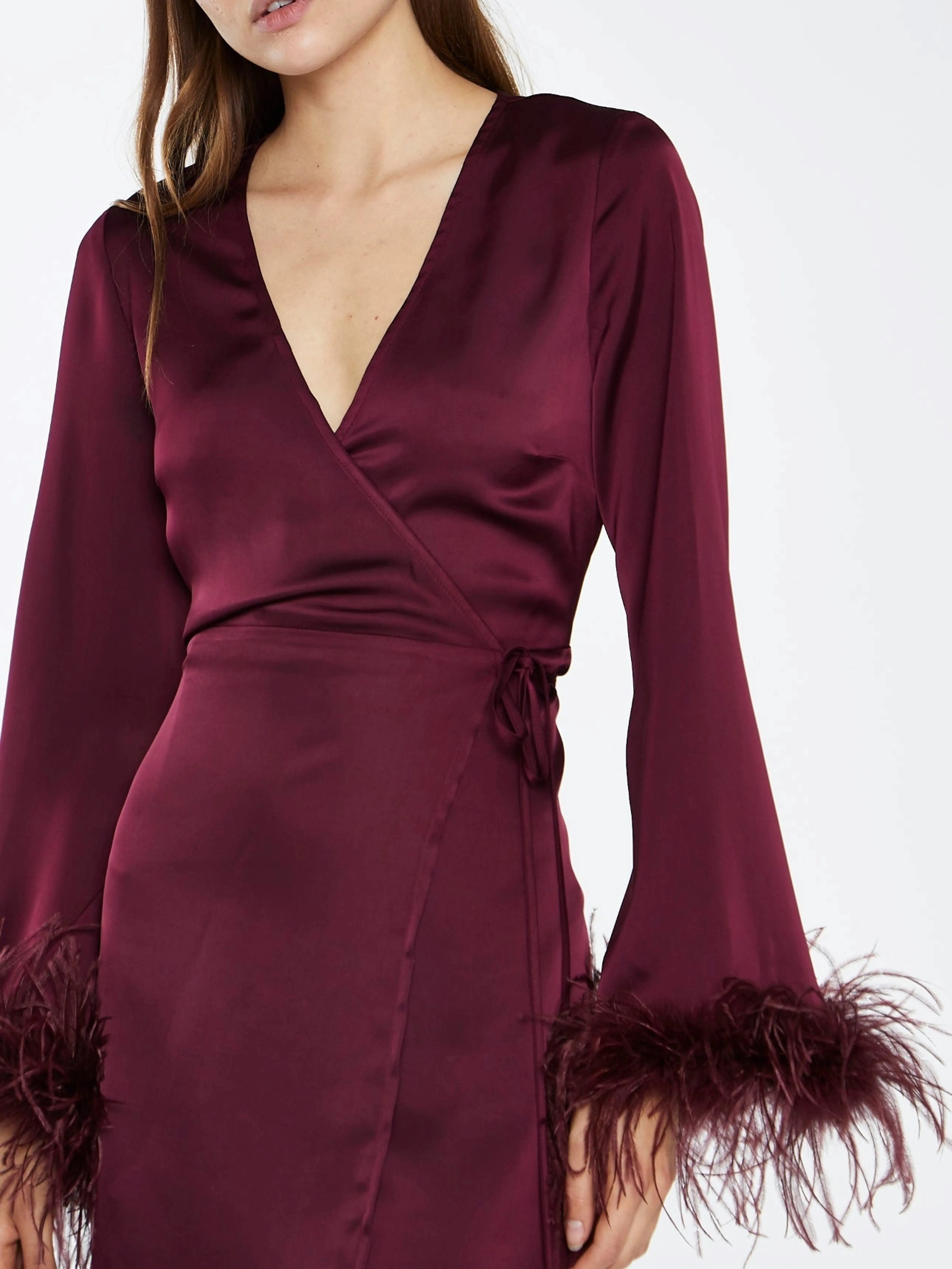 GLAMOROUS Satin Feather Trim Wrap Mini Dress