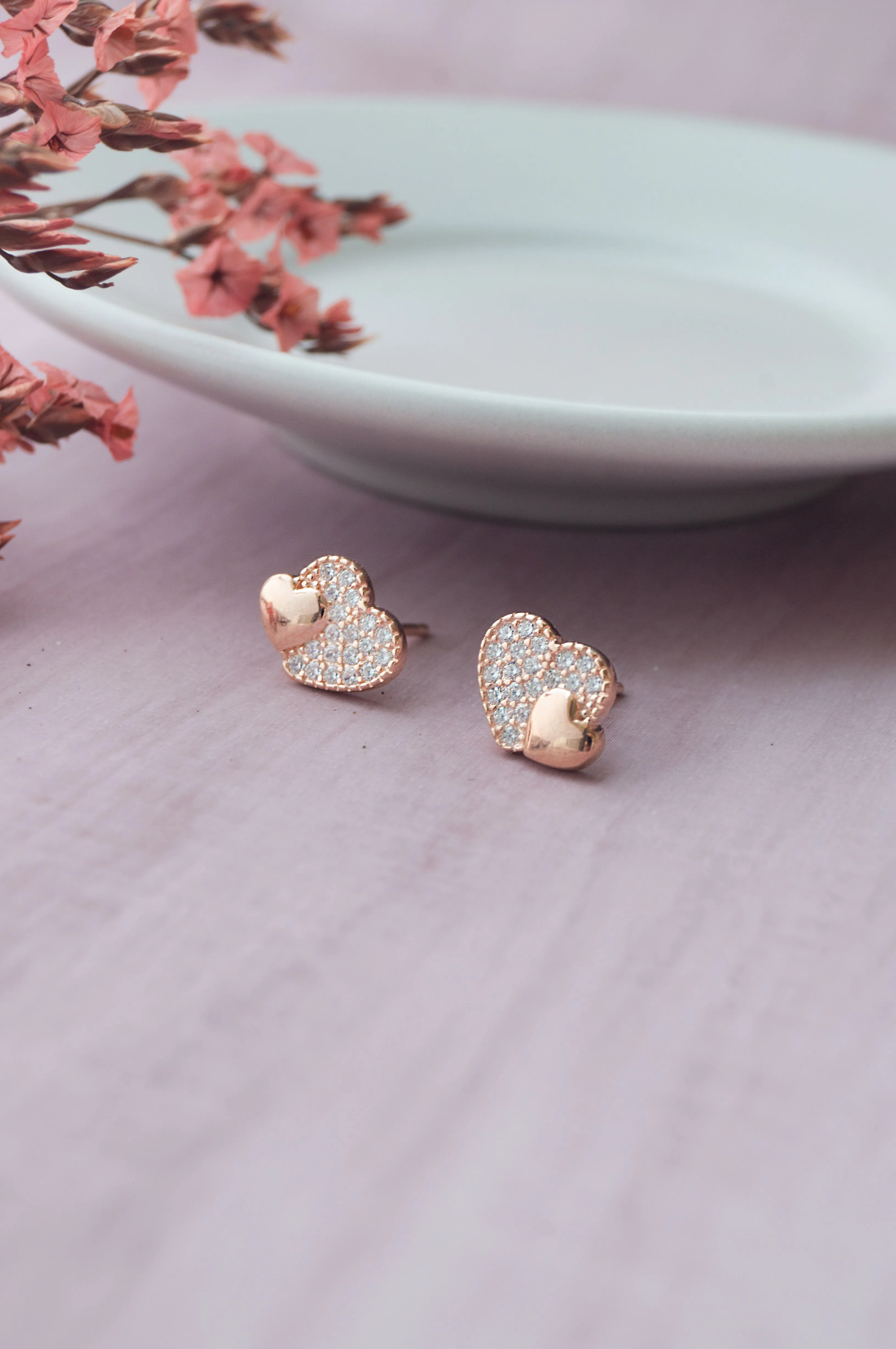 Hearts With Sparkle Rose Gold Plated Sterling Silver Pendant Set