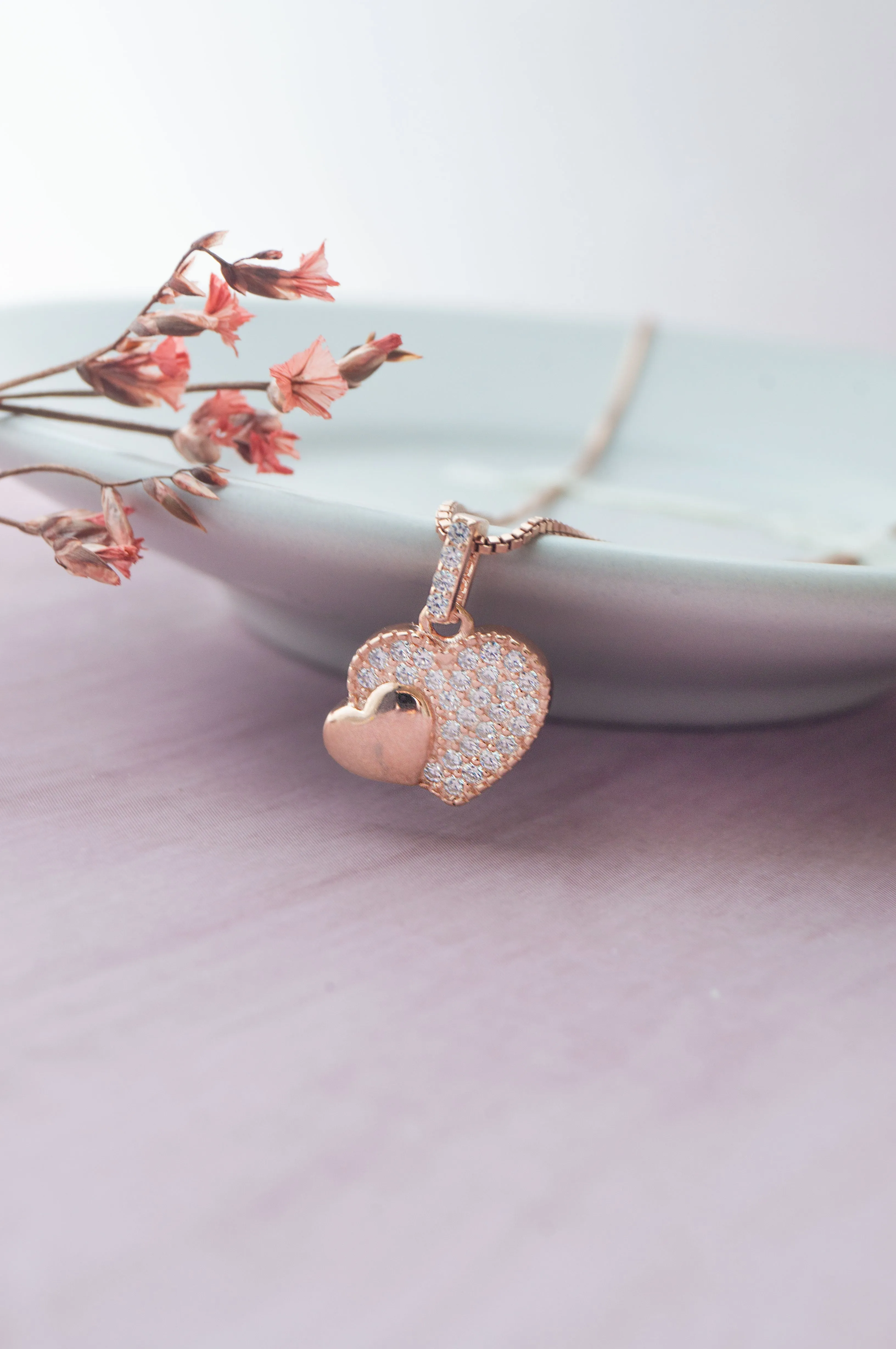 Hearts With Sparkle Rose Gold Plated Sterling Silver Pendant Set