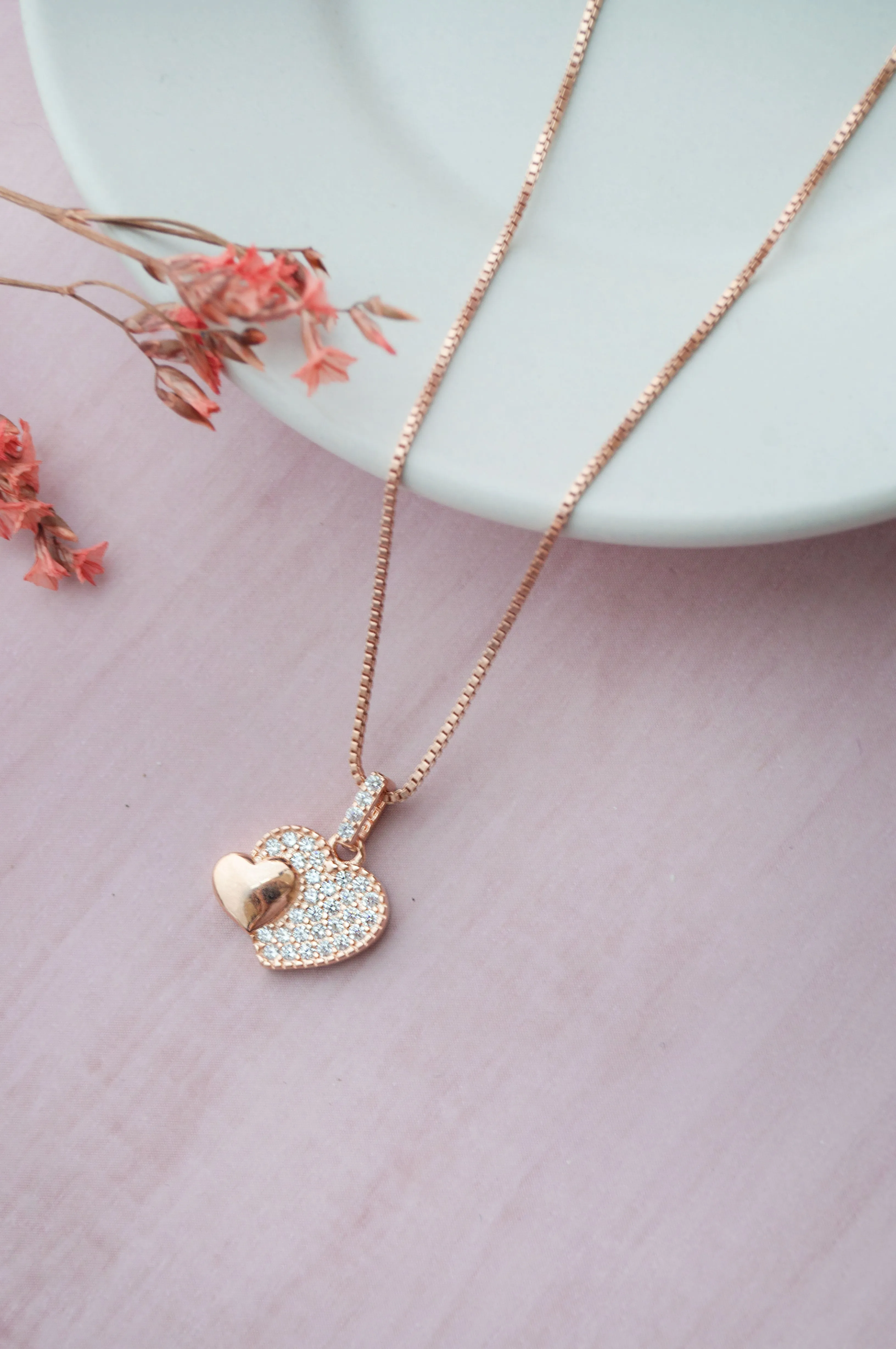 Hearts With Sparkle Rose Gold Plated Sterling Silver Pendant Set