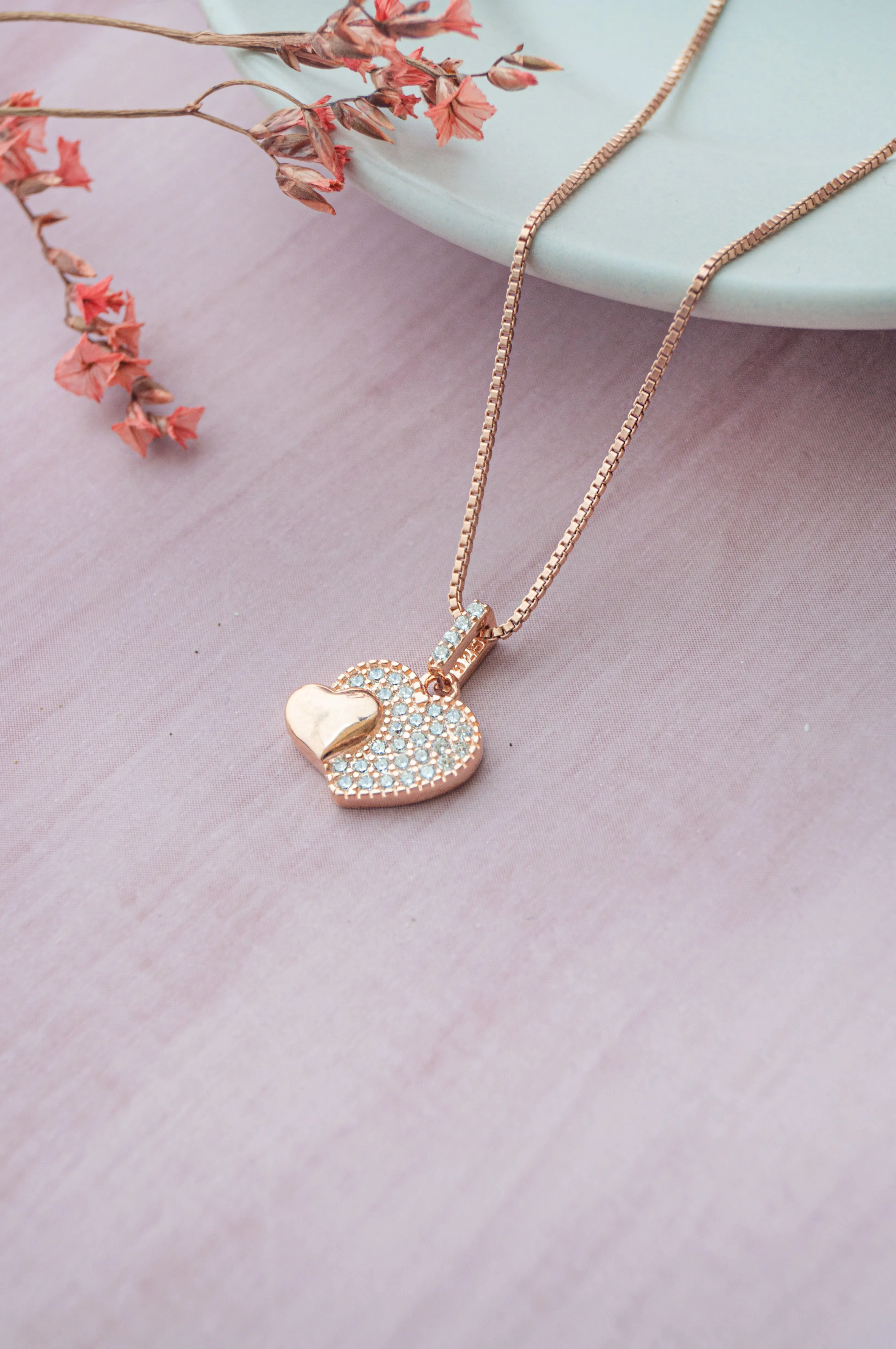 Hearts With Sparkle Rose Gold Plated Sterling Silver Pendant Set