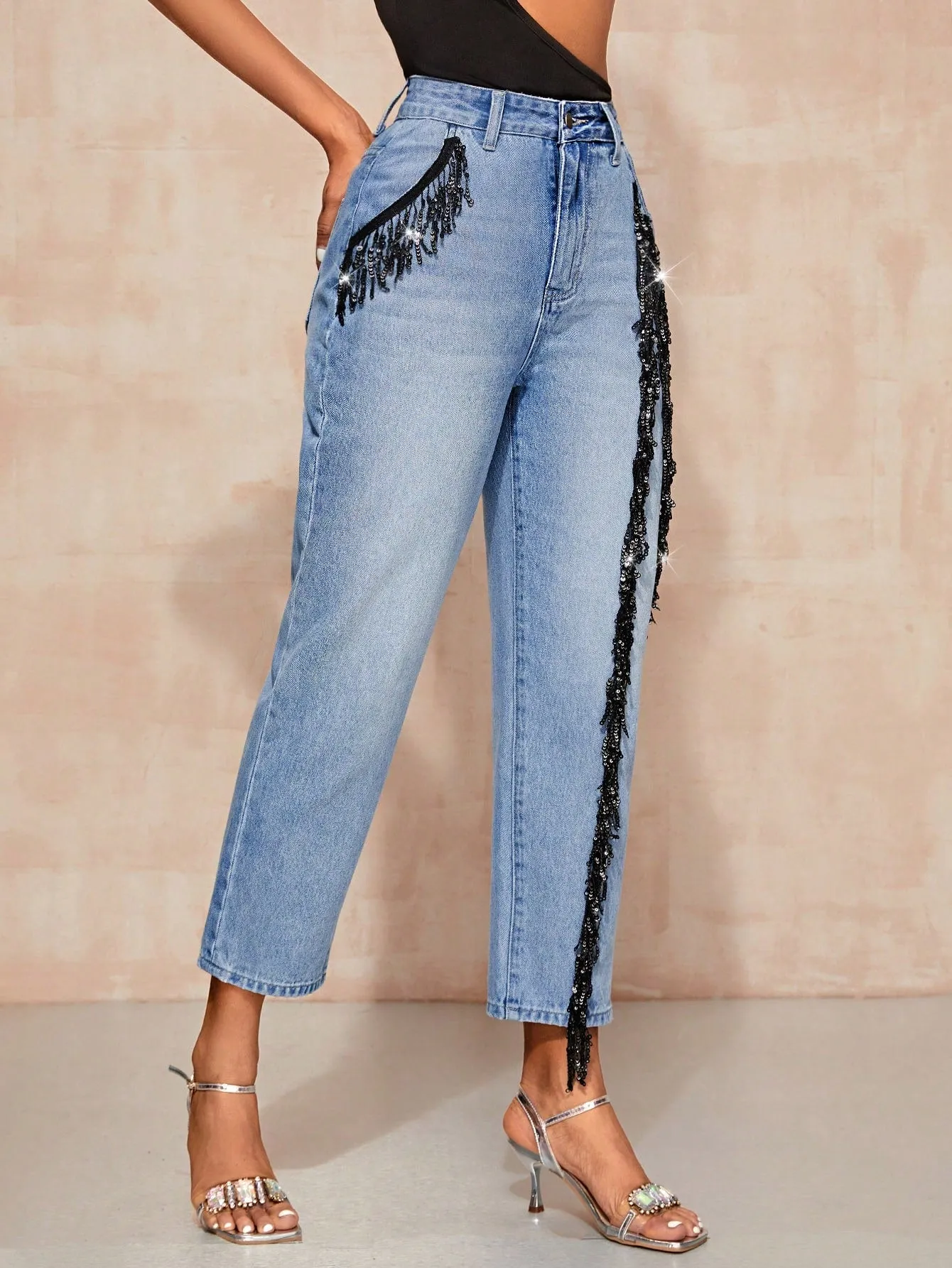 High Waist Sequin Fringe Trim Mom Fit Jeans